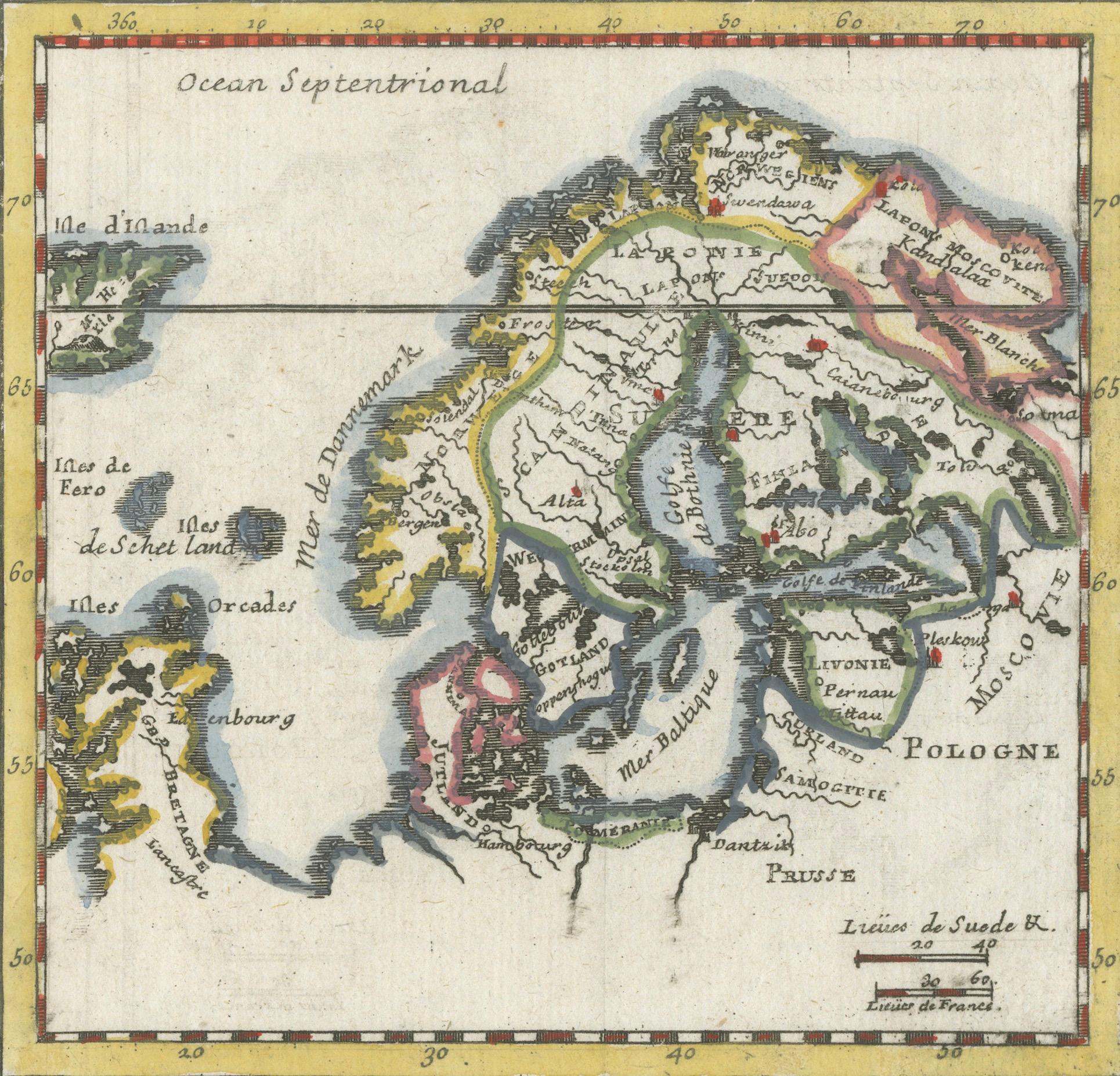 Hand-Colored Antique Miniature Map of Scandinavia, Copper Engraving, c.1700