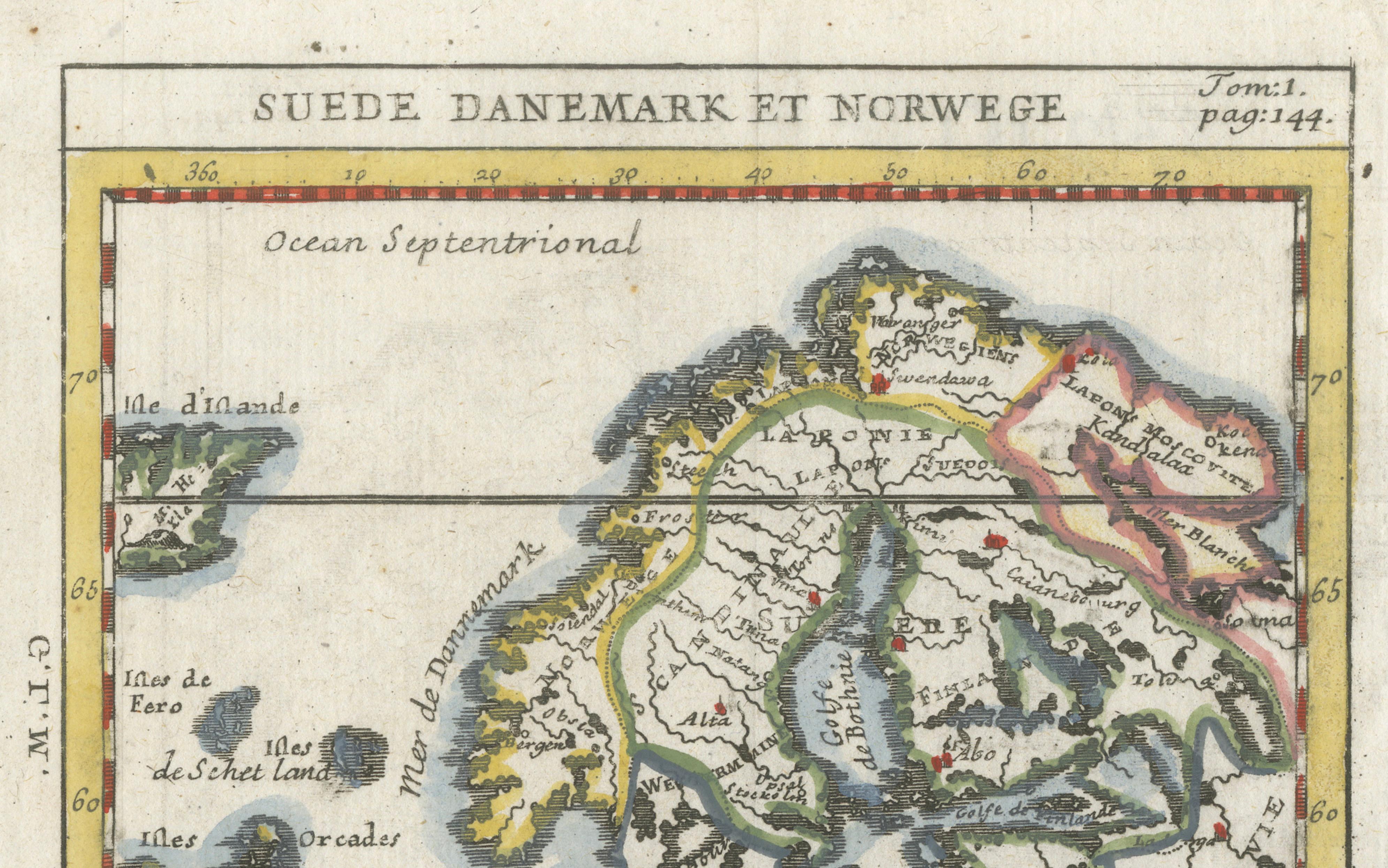 Hand-Colored Antique Miniature Map of Scandinavia, Copper Engraving, c.1700