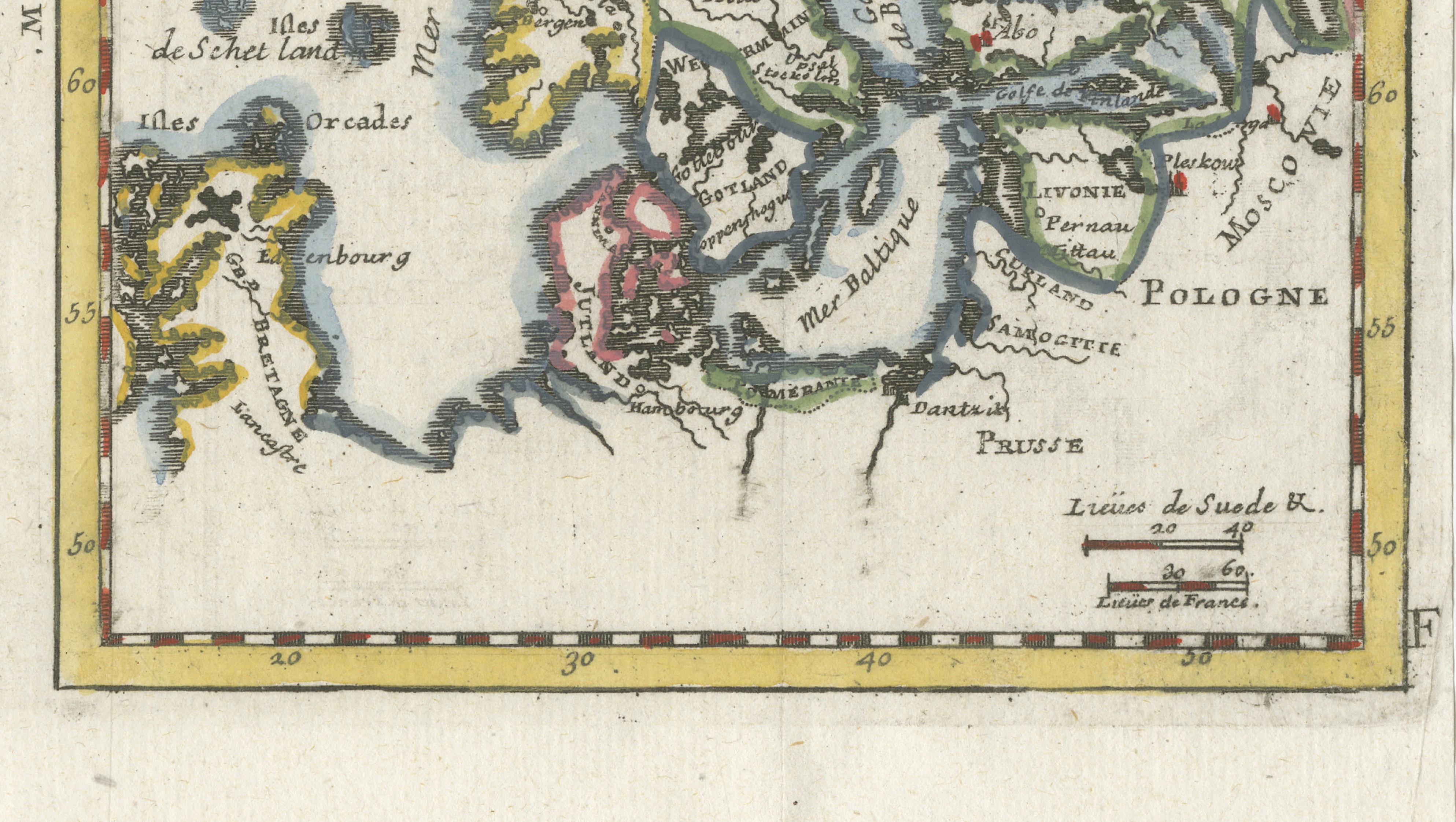 Hand-Colored Antique Miniature Map of Scandinavia, Copper Engraving, c.1700