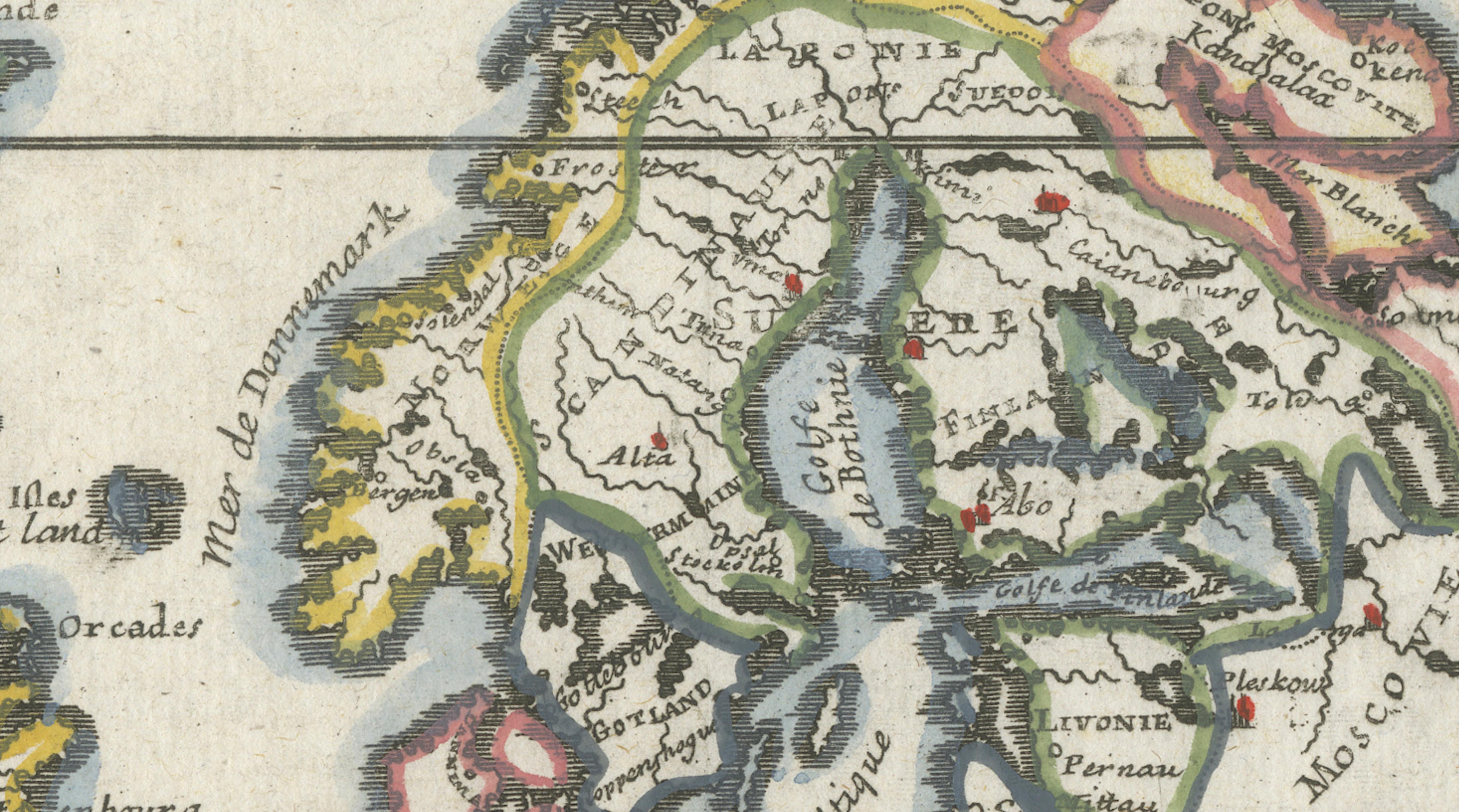 Hand-Colored Antique Miniature Map of Scandinavia, Copper Engraving, c.1700