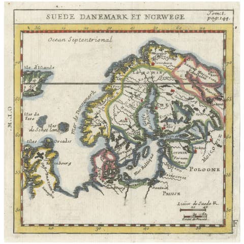 Hand-Colored Antique Miniature Map of Scandinavia, Copper Engraving, c.1700