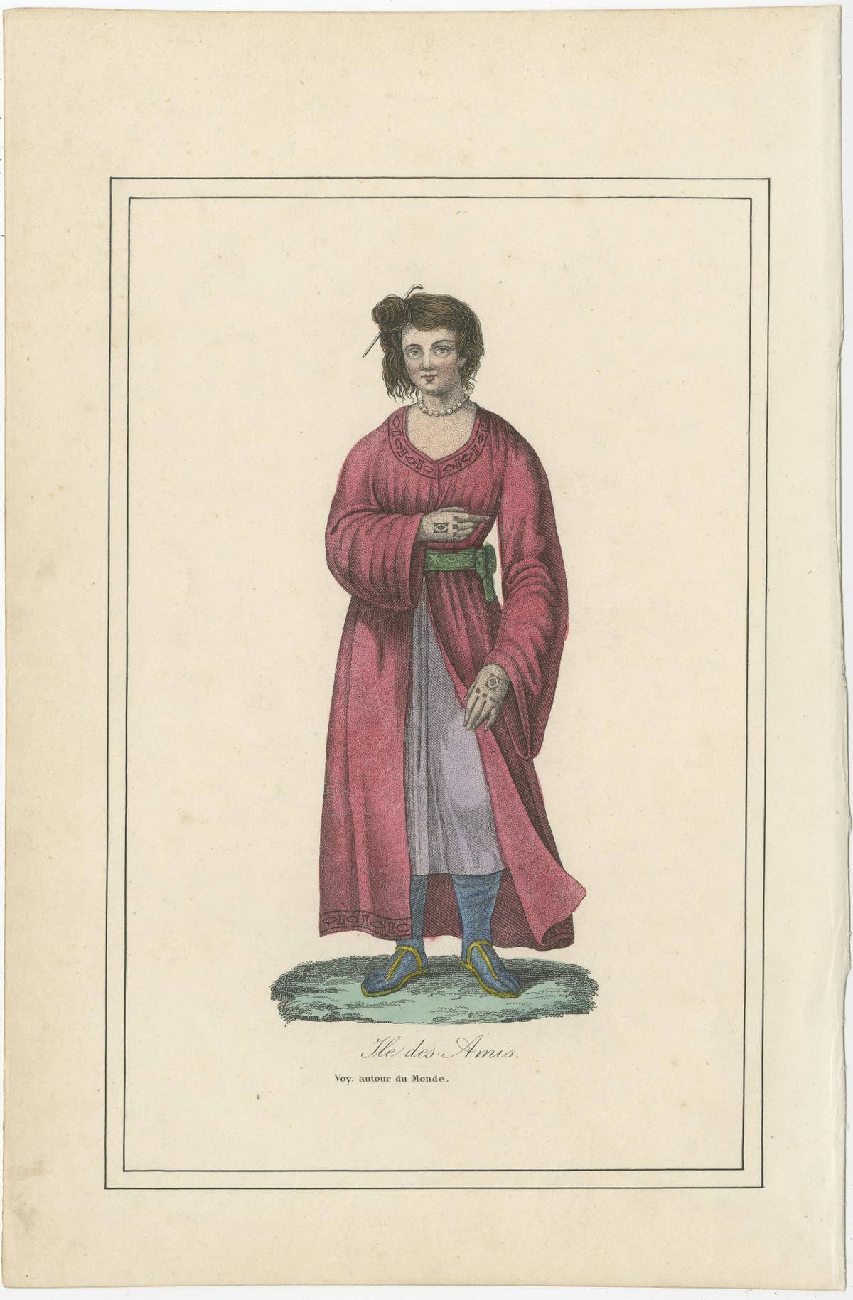 Hand Colored Antique Print of a Female Native of Tonga, Friendly Islands