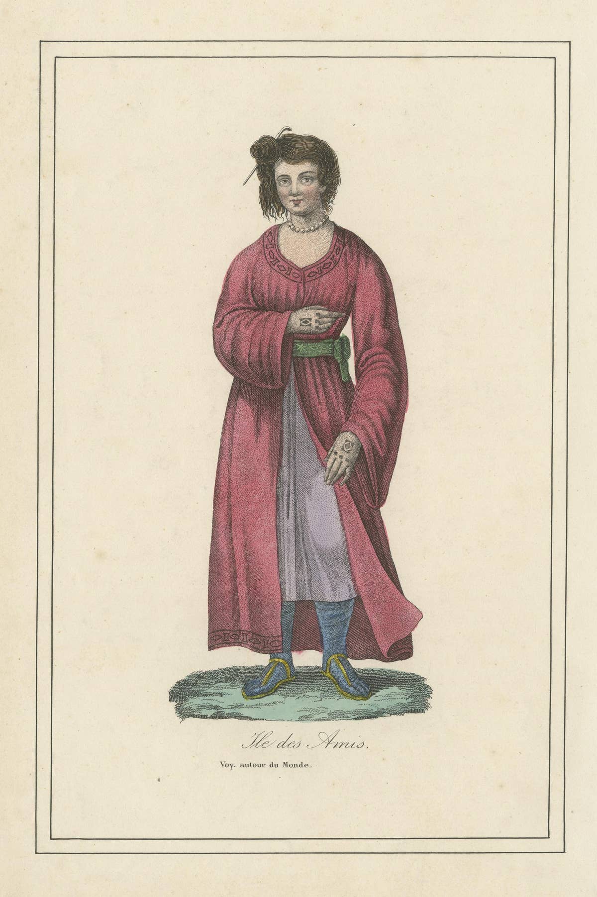 Hand Colored Antique Print of a Female Native of Tonga, Friendly Islands