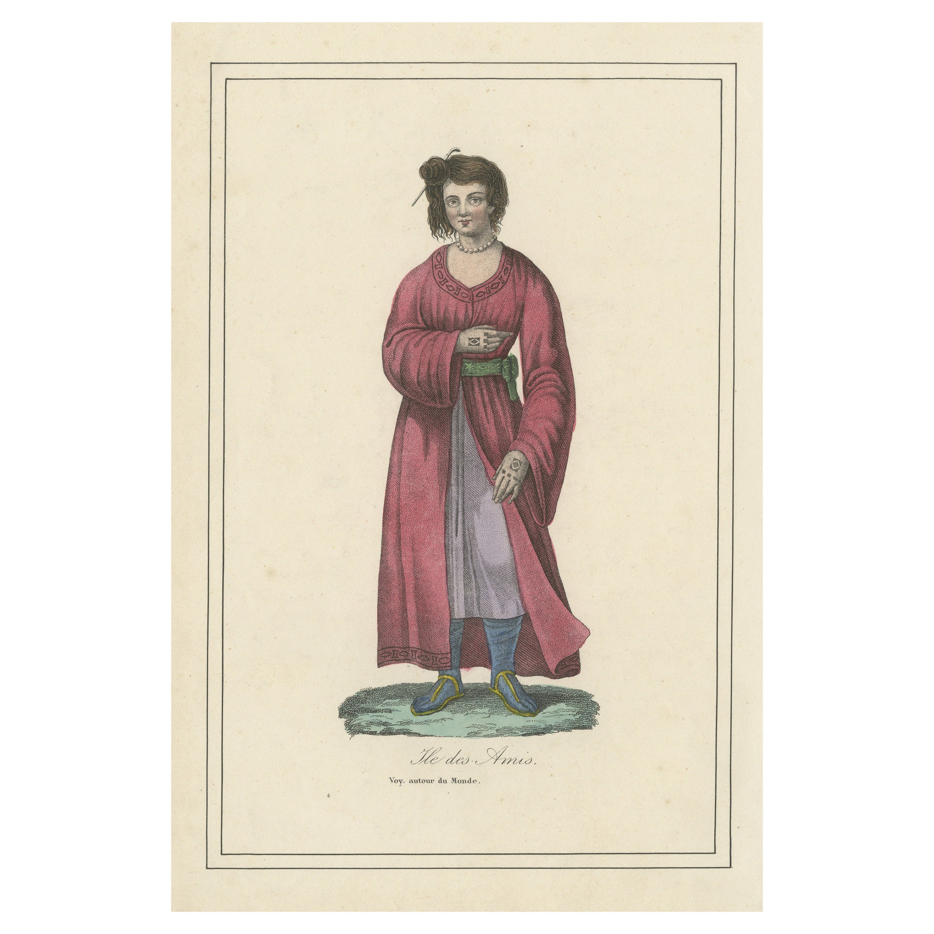 Grabado antiguo coloreado a mano de una mujer nativa de Tonga, Islas Amigas