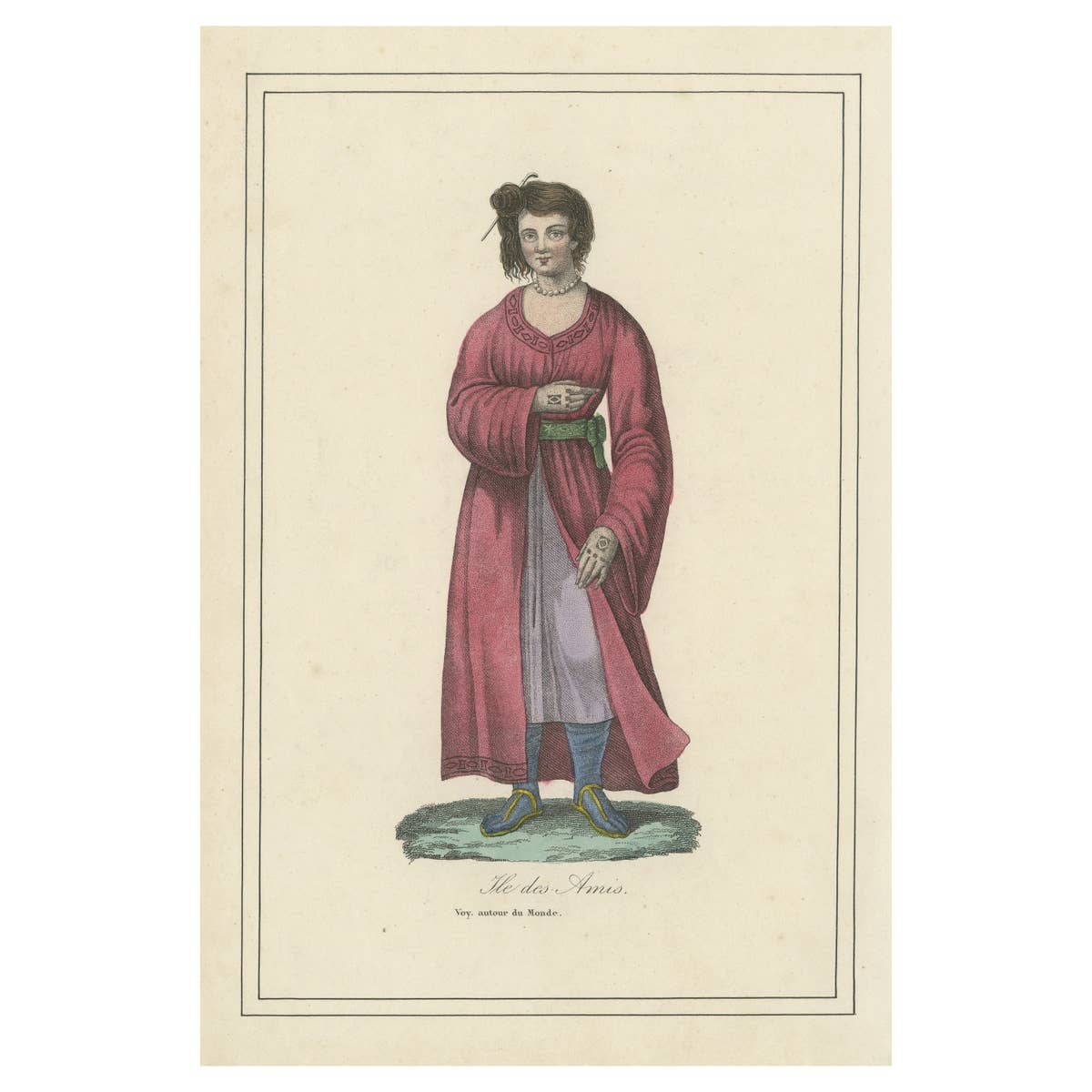Hand Colored Antique Print of a Female Native of Tonga, Friendly Islands