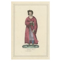 Grabado antiguo coloreado a mano de una mujer nativa de Tonga, Islas Amigas