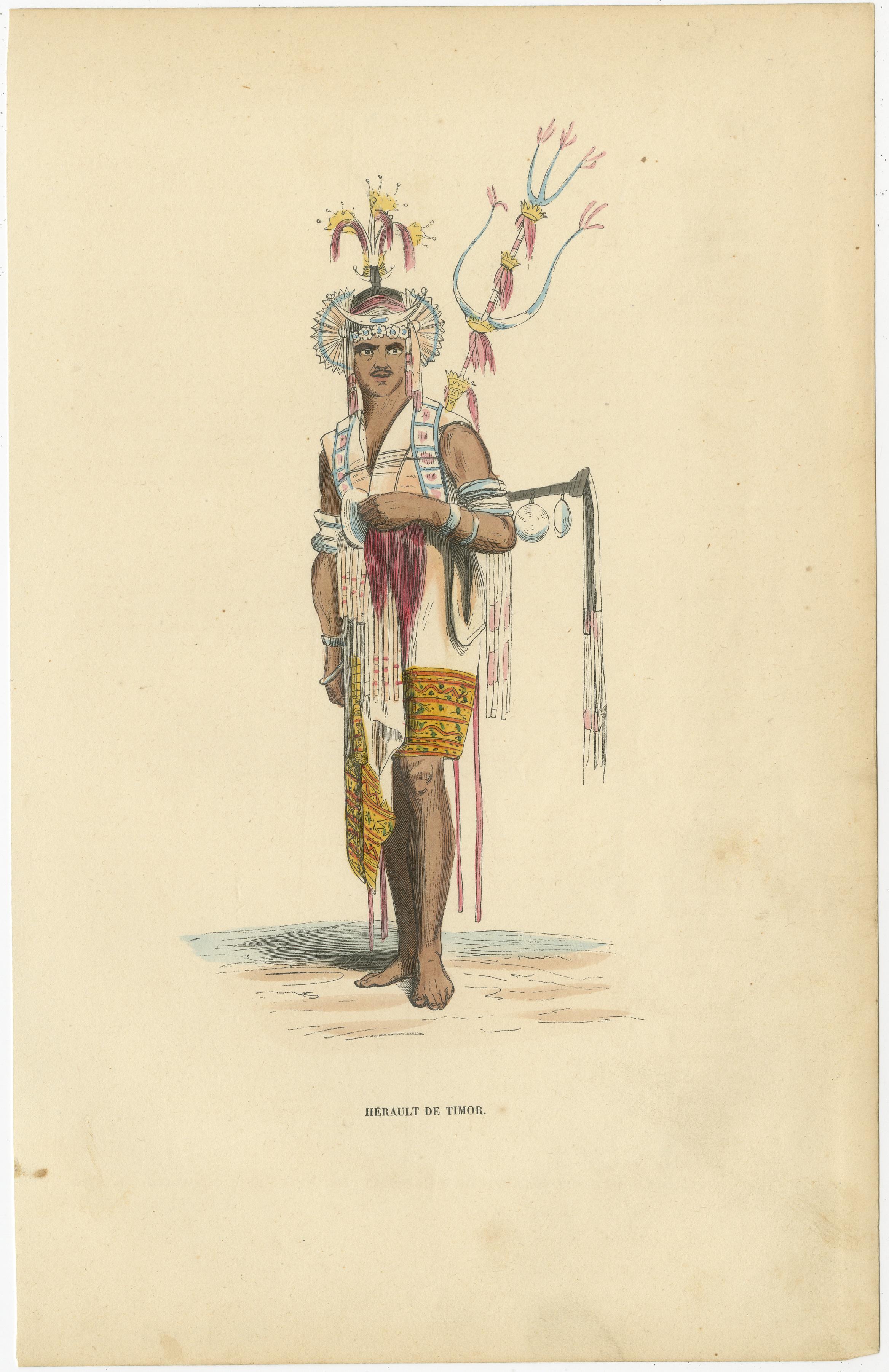 Antique print titled 'Hérault de Timor'. Hand colored woodcut of a herald of Amarasi, Kupang, Timor, West Timor, Indonesia. He wears a hat with decorative plant fronds and feathers, and a fringed tunic.

This print originates from Auguste Wahlen's
