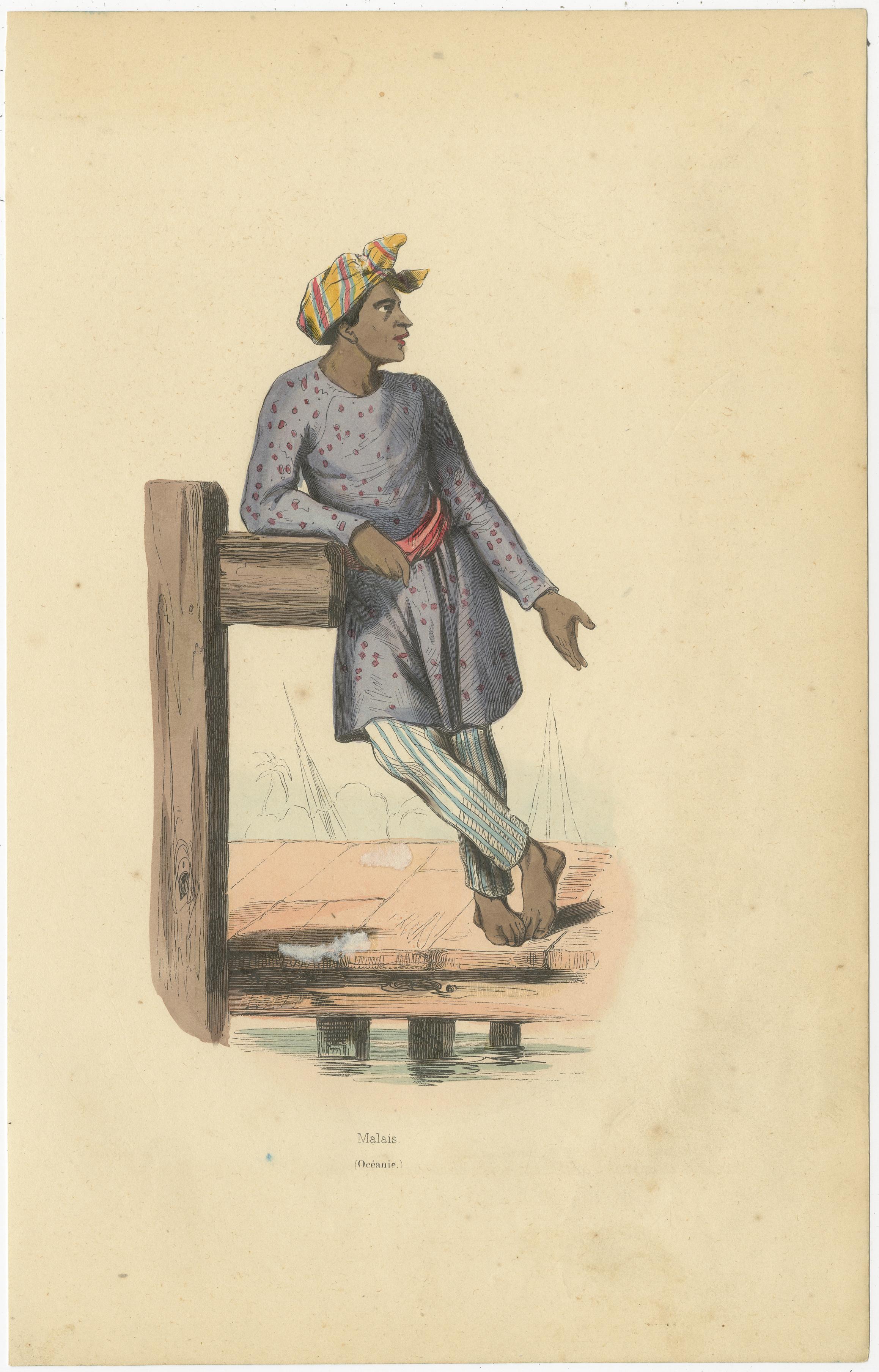 Antique print titled 'Malais (Océanie)'. Hand colored woodcut of a Malay man of Singapore. He wears a bandana, long-sleeved jacket, pants and belt.

Step into the vibrant world of cultural portrayal with the antique print titled 'Malais (Océanie)'.
