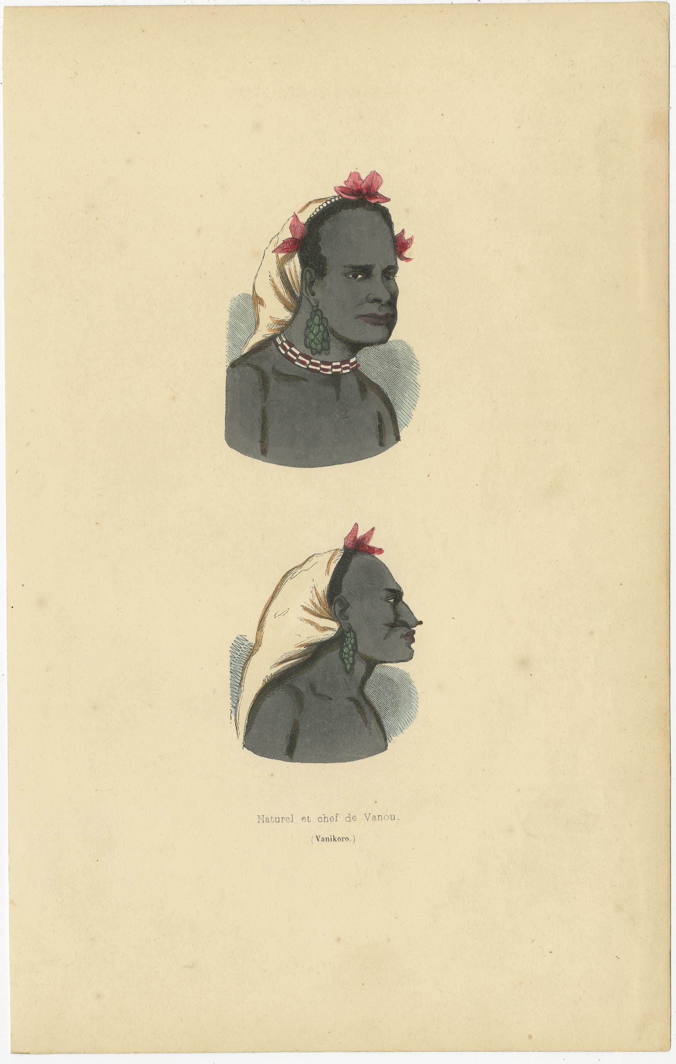 Antique print titled 'Naturel et chef de Vanou (Vanikoro)'. Hand colored woodcut of a Melanesian chief and man of Vanou, Vanikoro, Solomon Islands, Pacific Ocean. The chief wears a bandana, earrings and necklace, the man below with a wooden nose