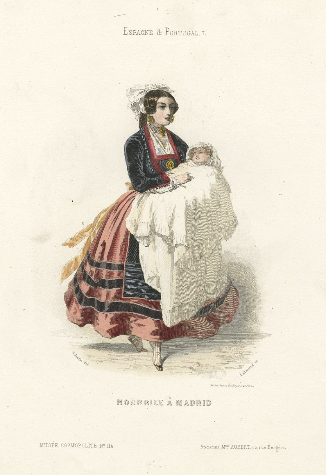 Antique costume print titled 'Nourrice à Madrid'. Old print depicting a nanny from Madrid, Spain. This print originates from 'Costumes Moderne (Musée de Costumes). 

Artists and Engravers: Published in Paris: Ancienne Maison Aubert.

Condition: