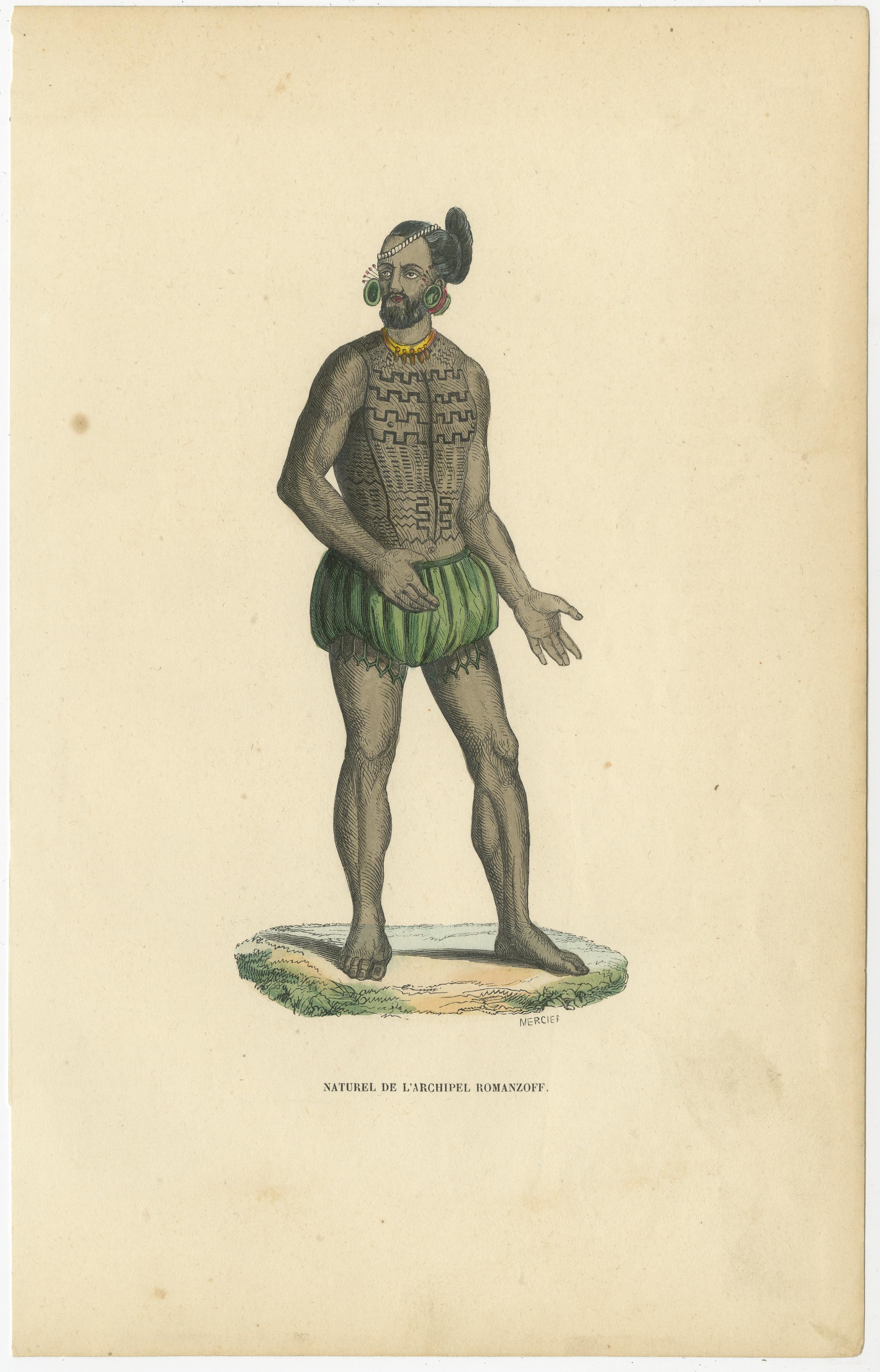 Antique print titled 'Naturel de l'Archipel Romanzoff'. Hand colored woodcut of a native man of Tikei Island, Tuamotu group, French Polynesia. Wearing a grass skirt, rolled green-leaf ear plugs, necklace, and headdress. His body decorated with