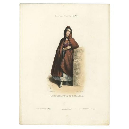 Antique costume print titled 'Femme Espagnole de Gibraltar'. Old print depicting a Spanish woman from Gibraltar. This print originates from 'Costumes Moderne (Musée de Costumes). 

Artists and Engravers: Published in Paris: Ancienne Maison
