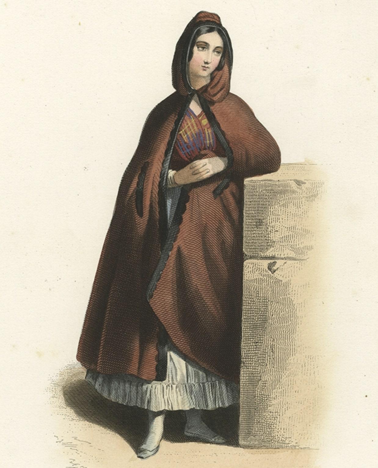 Paper Hand-Colored Antique Print of a Spanish Woman from Gibraltar, 1850 For Sale