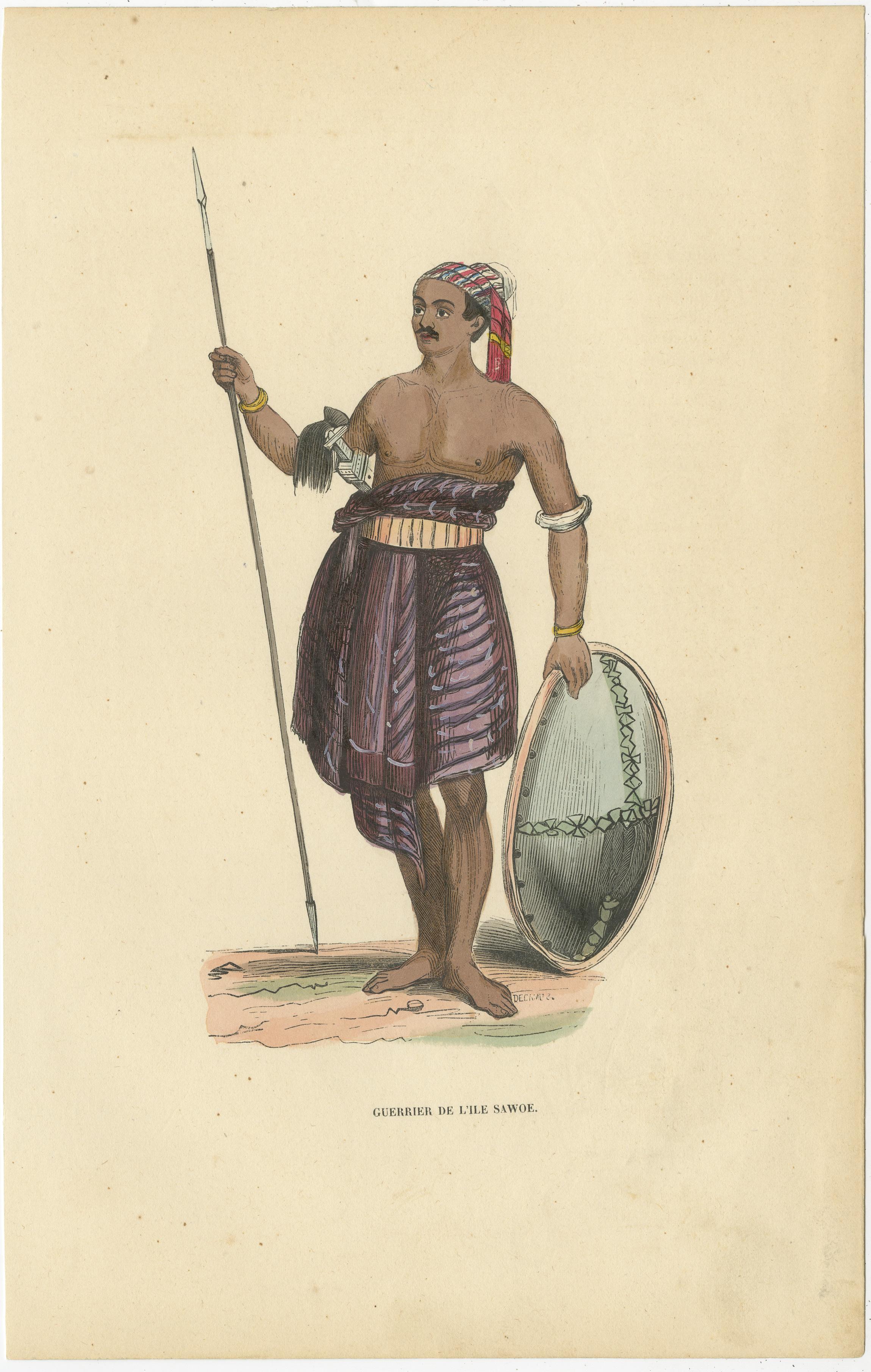Antique print titled 'Guerrier de l’Ile Sawoe'. Hand colored woodcut of a warrior of Sawu island, East Nusa Tenggara, Indonesia. He wears a batik headcloth, ikat sarong (skirt), belt with kris, bracelets, and carries a lance and shield.

This