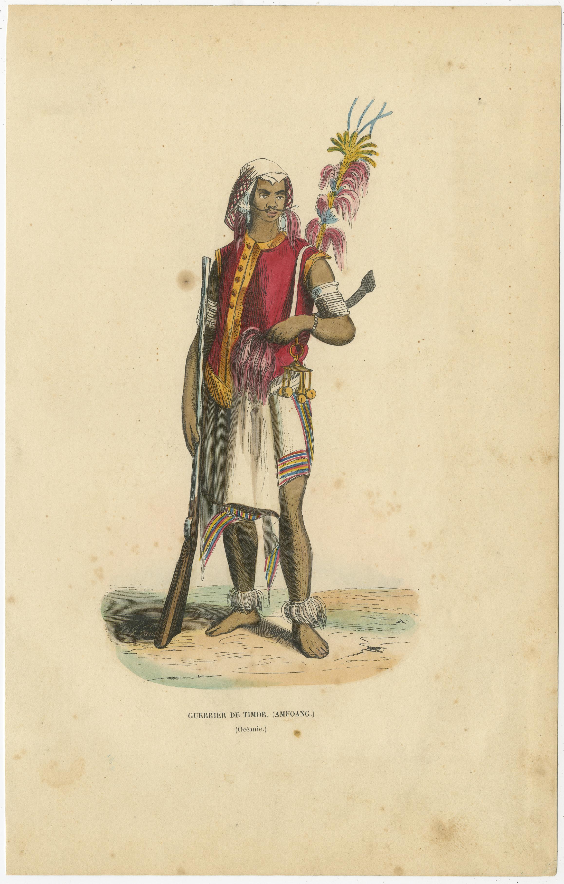 This antique print, titled 'Guerrier de Timor (Amfoang),' provides a vivid portrayal of an Atoni warrior from Kupang, West Timor, Indonesia. The hand-colored woodcut captures intricate details of the warrior's attire and adornments. He is depicted