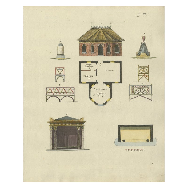 Impression ancienne de l'architecture de jardin colorée à la main par Van Laar, 1802