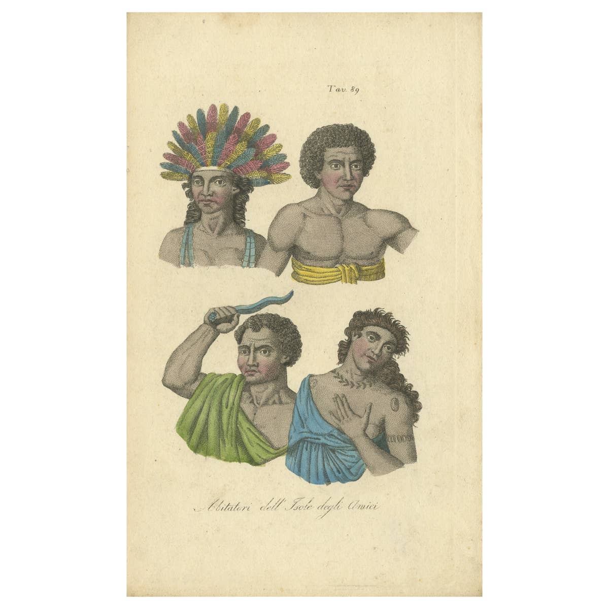 Hand Colored Antique Print of Natives of Tonga, Friendly Islands, 1830