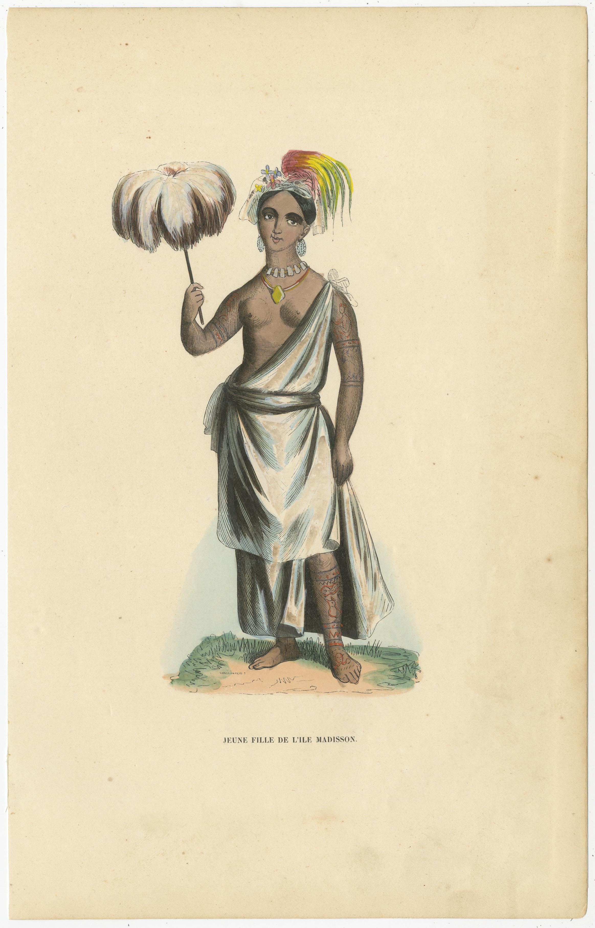 Antique print titled 'Jeune Fille de l'Ile Madisson'. Hand colored woodcut of Piteenee, a young woman of Nuku Hiva, Marquesas Islands (French Polynesia). She wears a white gown, cowrie necklace, feather headdress, and has tattooed limbs. 18-year-old