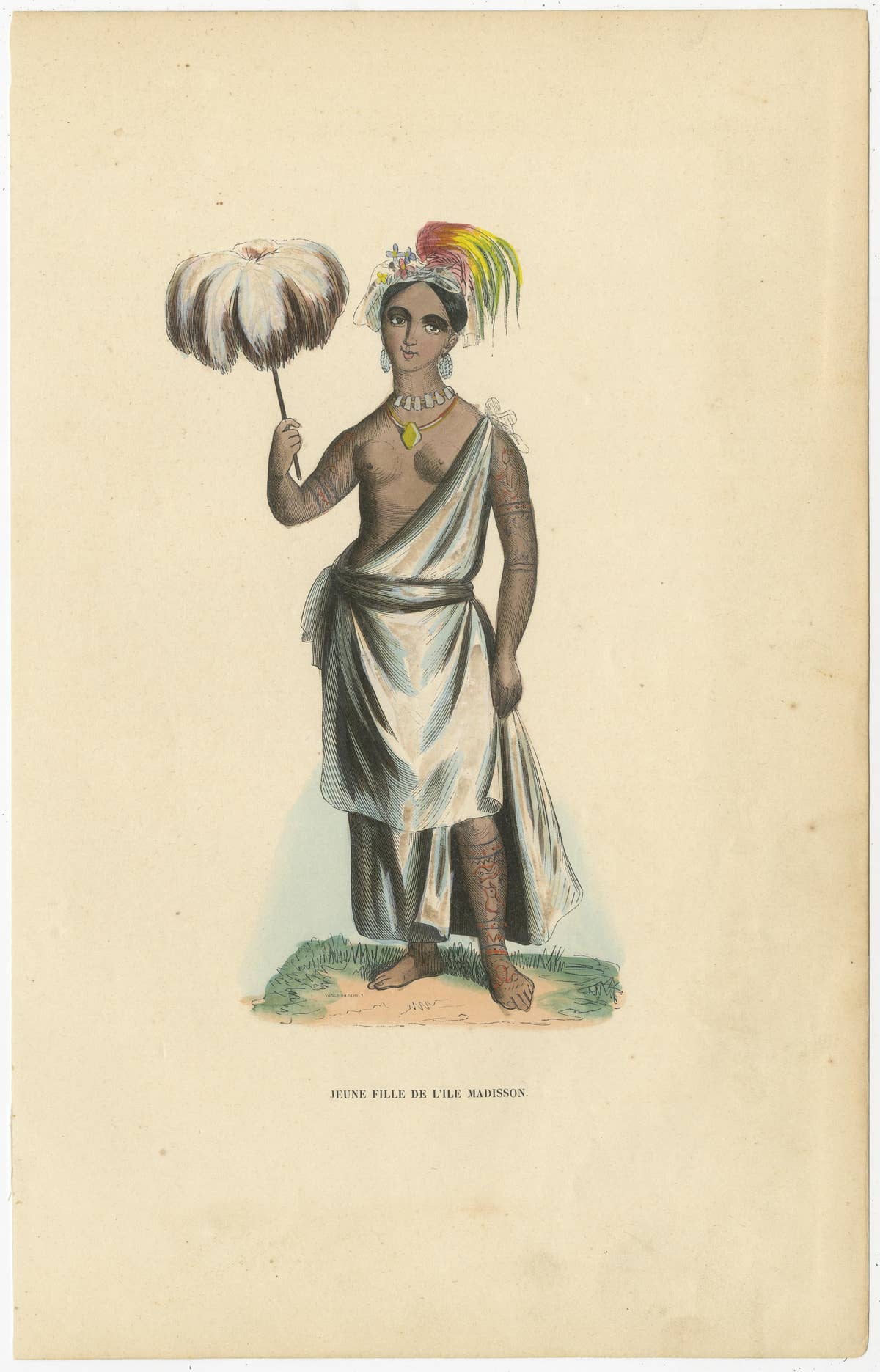 Old Print of Piteenee, a Young Woman of Nuku Hiva, Marquesas Islands, 1845