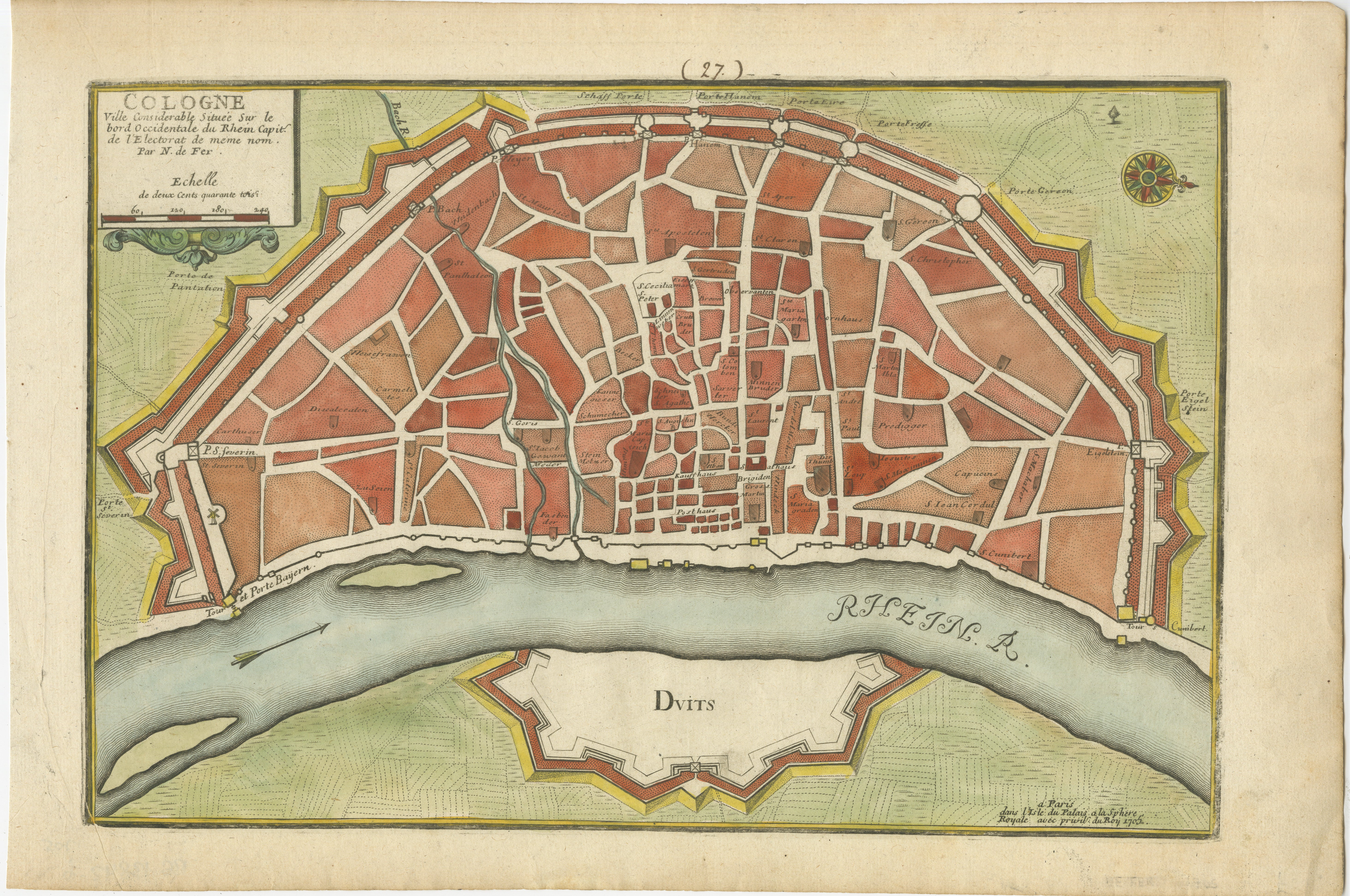 Title: Hand-Colored City Plan of Cologne by Nicolas de Fer, 1705

This hand-colored map, titled 