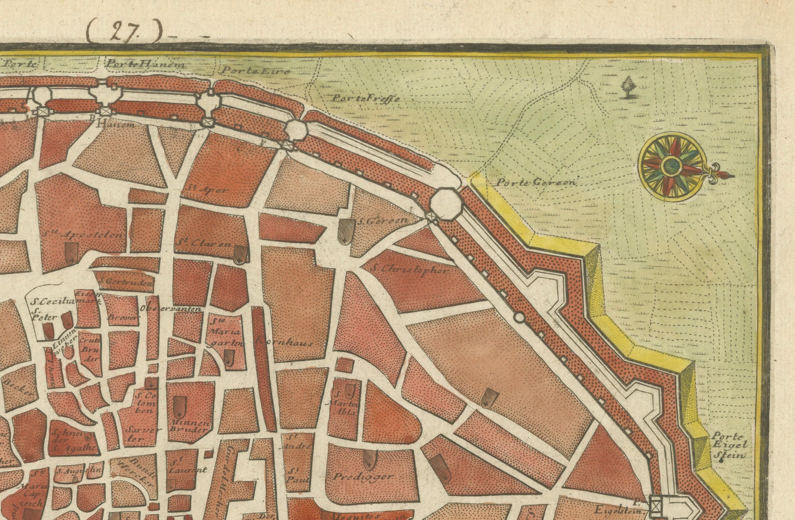 Engraved Hand-Colored City Plan of Cologne by Nicolas de Fer, 1705 For Sale