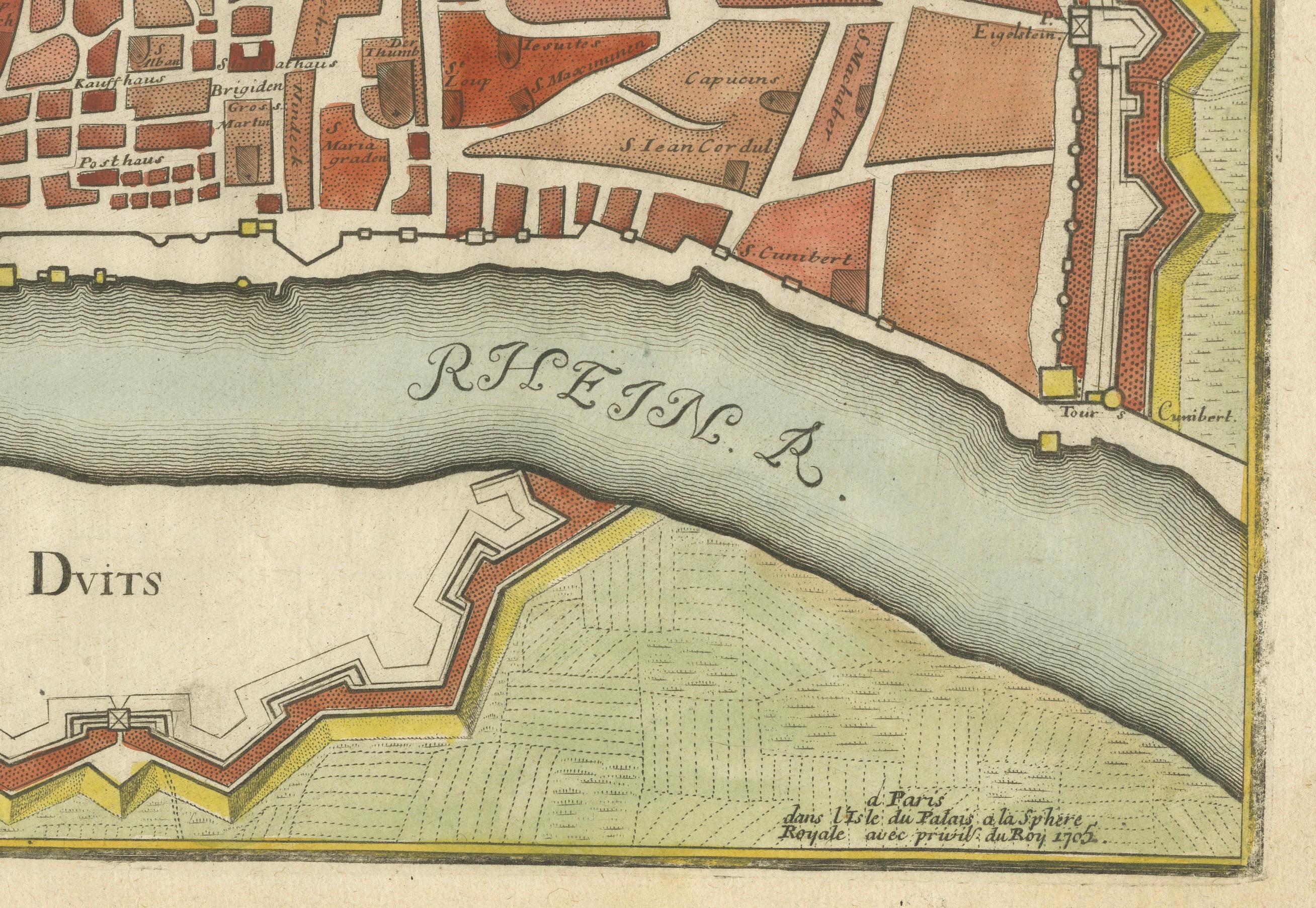 Paper Hand-Colored City Plan of Cologne by Nicolas de Fer, 1705 For Sale