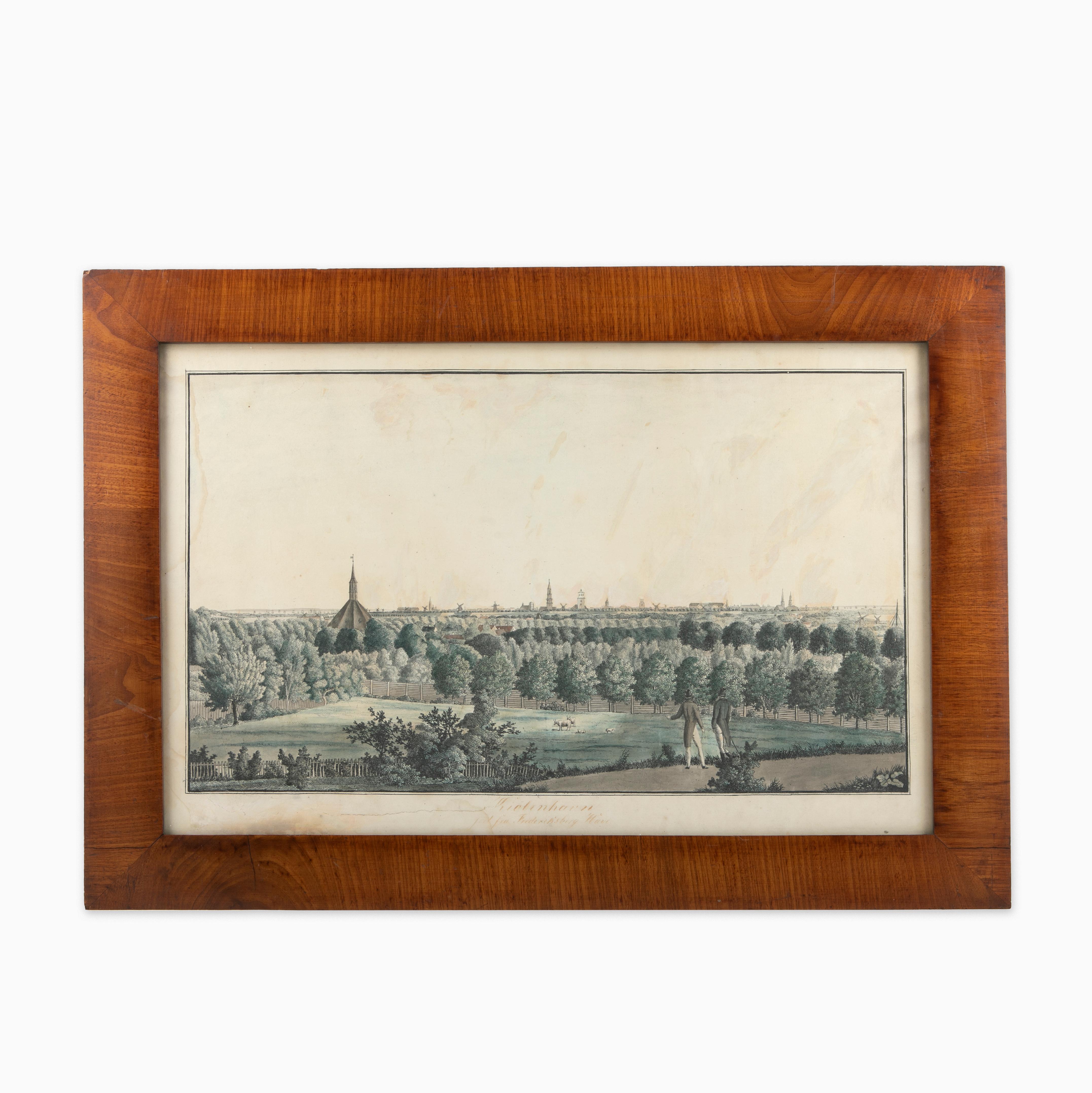 Hand-colored copperplate engraving depicting an interesting old view of Copenhagen seen from Frederiksberg Castle Gardens, approximate. 1790-1800.
Framed in a mahogany frame from same period.
Natural signs associated.

Artwork l: 34 x 36  Frame: 51