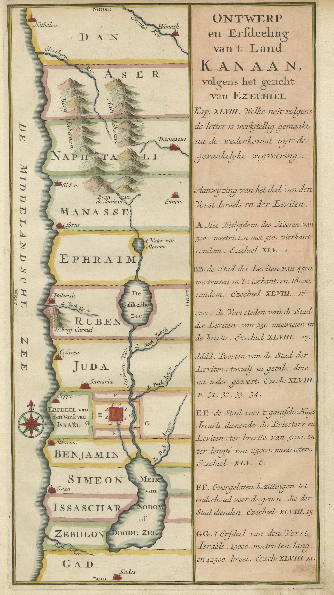 Hand-Colored Dutch Map of Ancient Israel Divided by the Twelve Tribes – After Ezekiel, c.1730

This beautifully hand-colored antique map is titled 