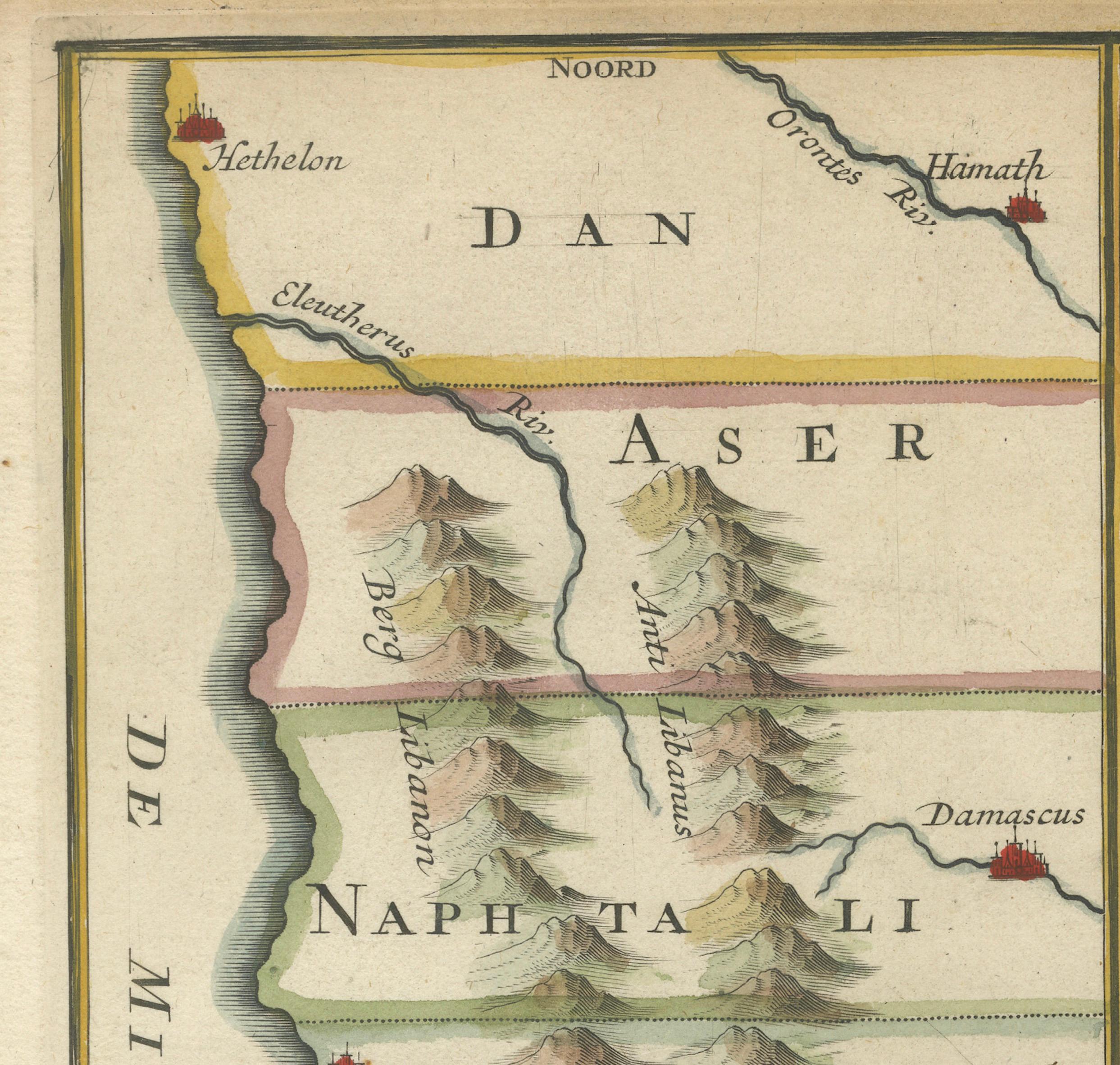 Engraved Hand-Colored Dutch Map of Ancient Israel Divided by the Twelve Tribes – c.1730 For Sale