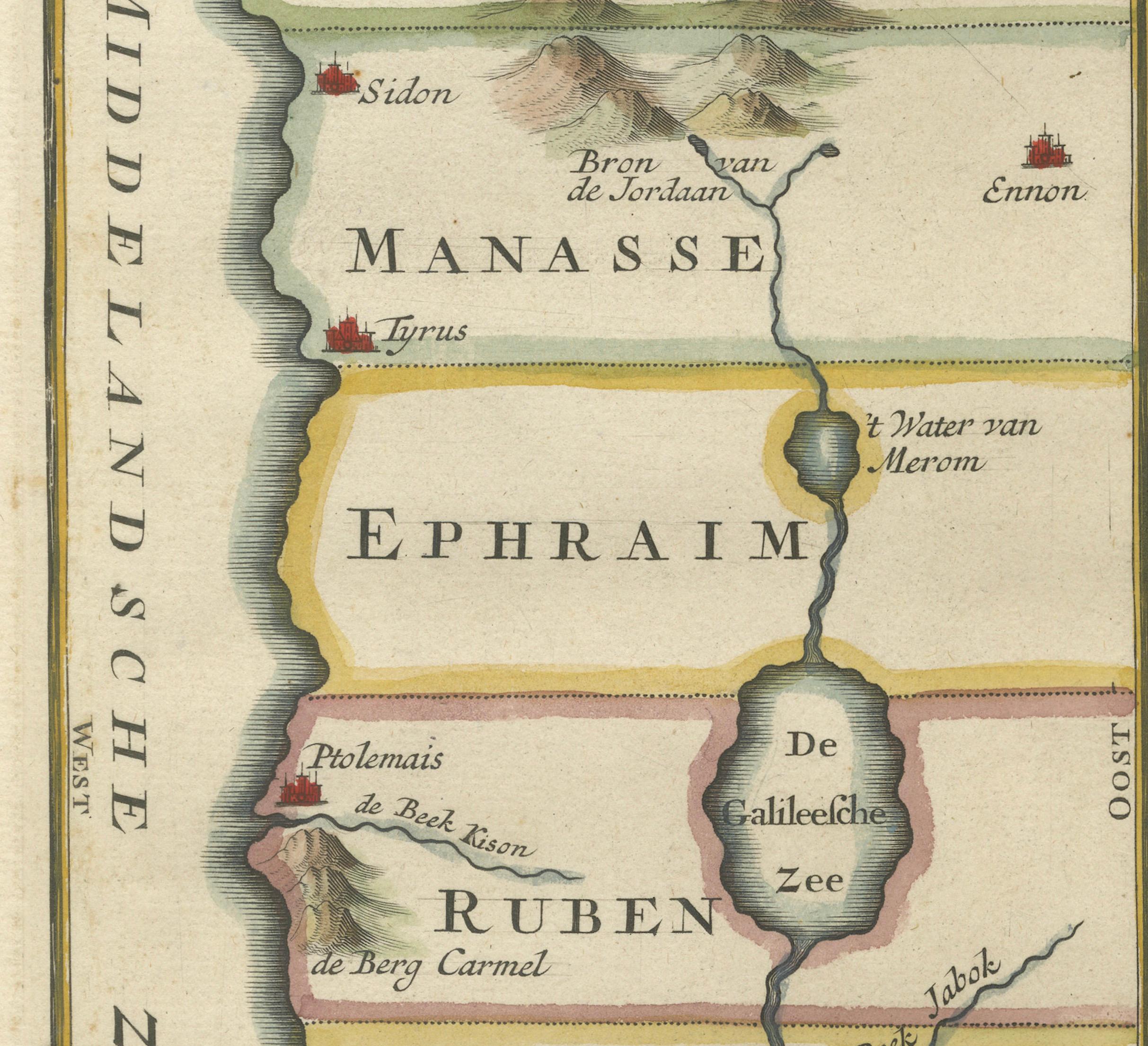 Hand-Colored Dutch Map of Ancient Israel Divided by the Twelve Tribes – c.1730 In Good Condition For Sale In Langweer, NL