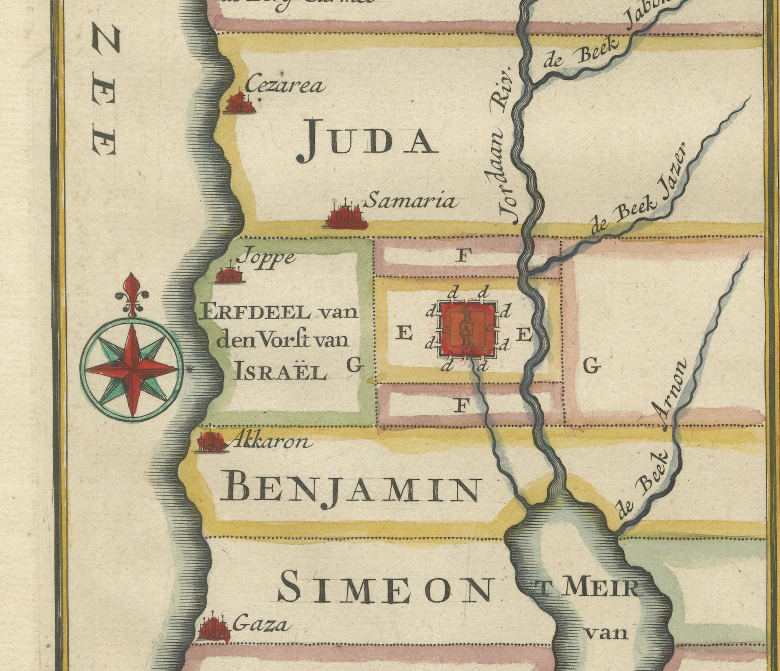 18th Century Hand-Colored Dutch Map of Ancient Israel Divided by the Twelve Tribes – c.1730 For Sale