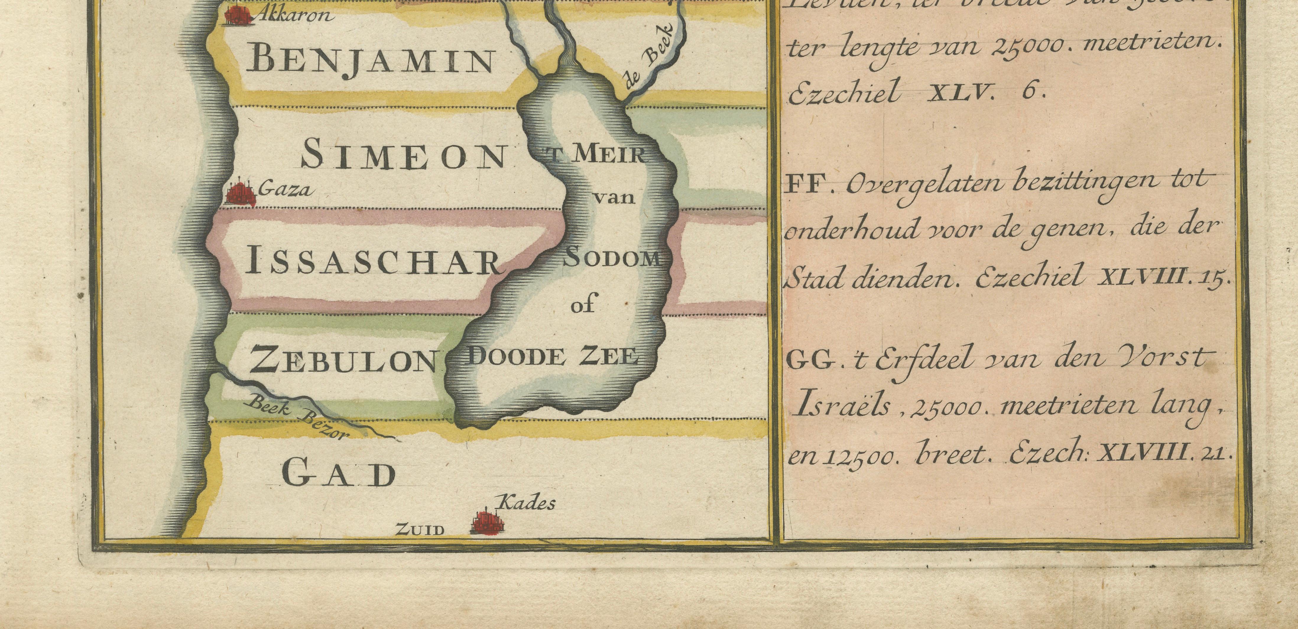 Paper Hand-Colored Dutch Map of Ancient Israel Divided by the Twelve Tribes – c.1730 For Sale