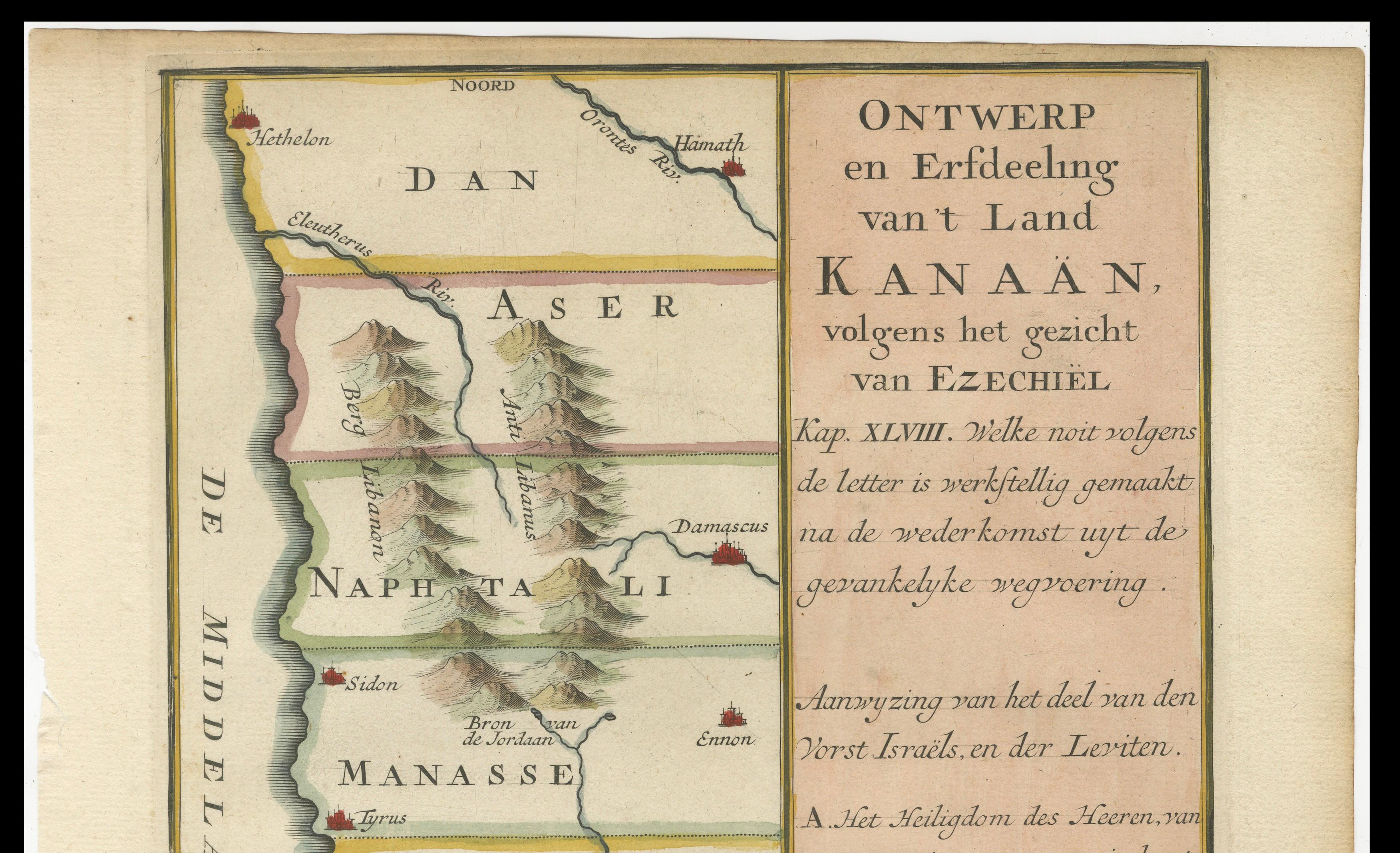 Hand-Colored Dutch Map of Ancient Israel Divided by the Twelve Tribes – c.1730 For Sale 1