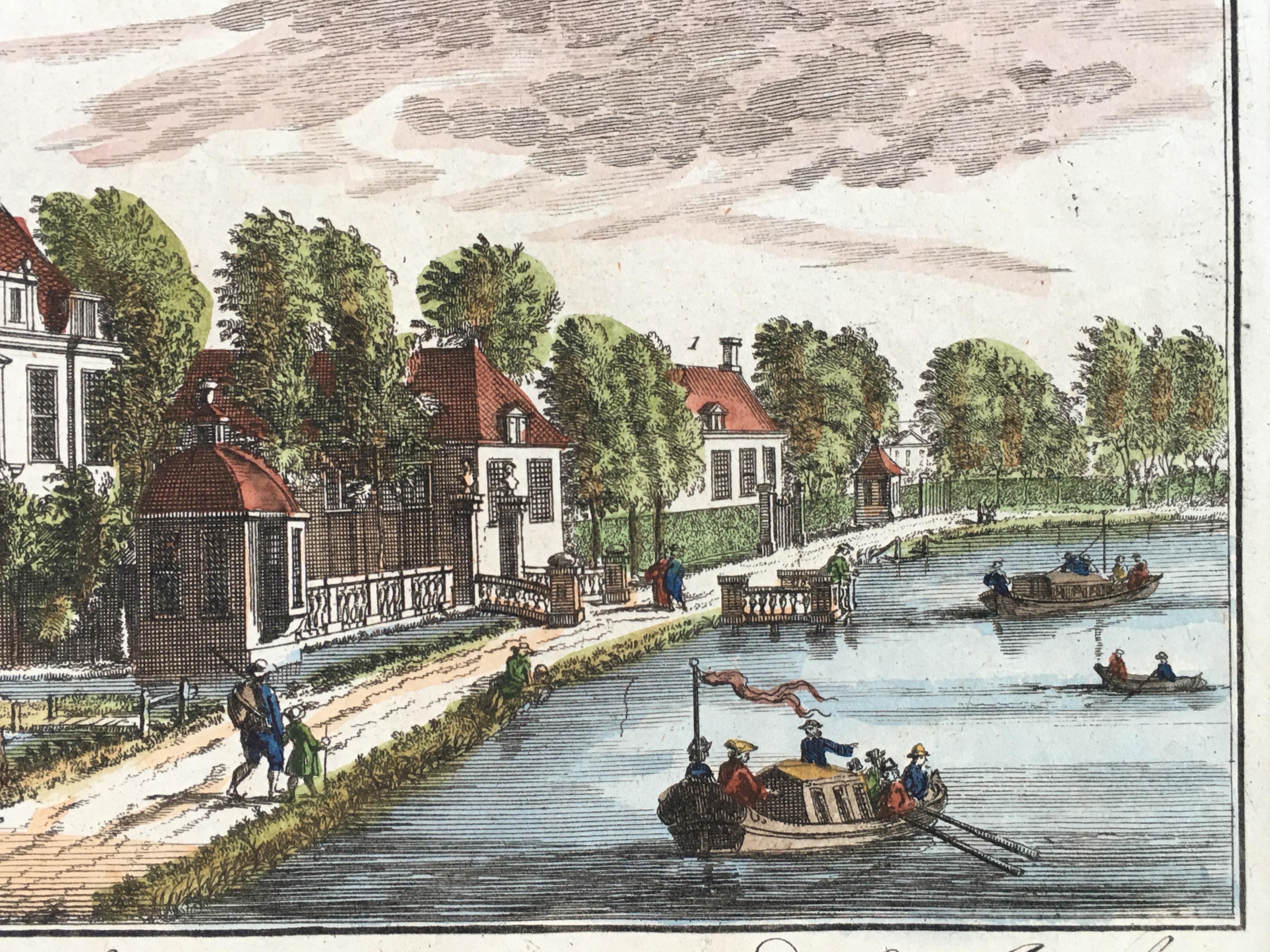 Gravure colorée à la main d'un charmant quartier de Hollande, 1710 mat en vente 4