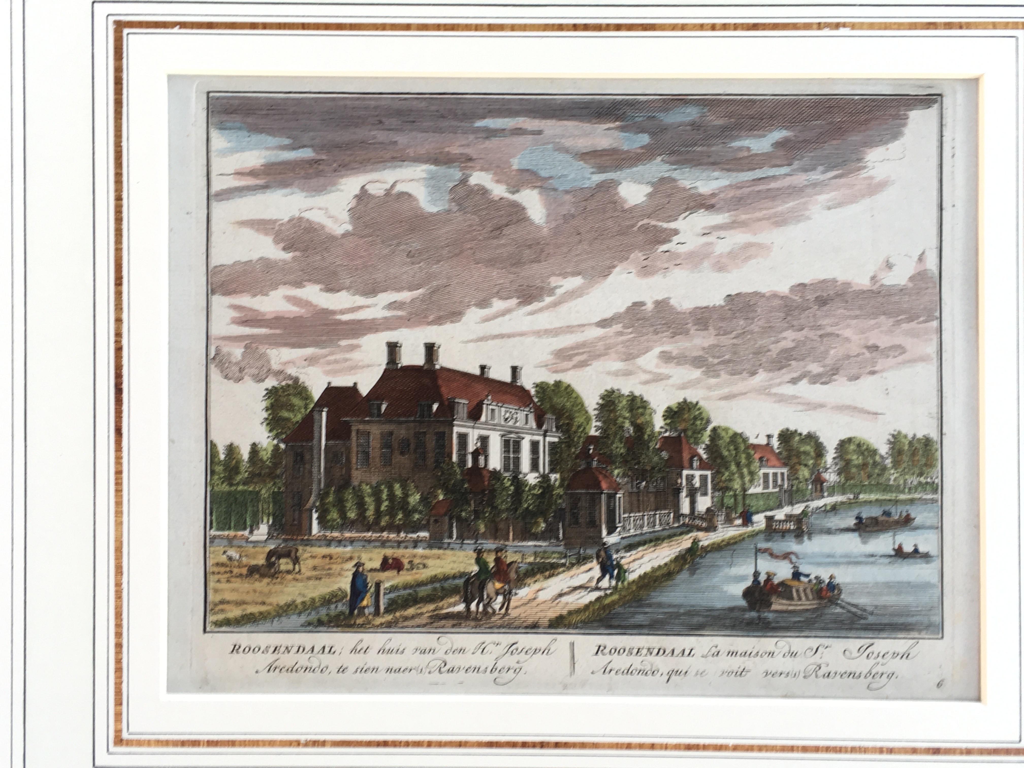 And engraving printed in Holland in 1710 by Lambert Visseher from a prominent Palm Springs, CA estate.. This charming image is of a neighborhood in Holland, on the edge of a river (or lake). This image was hand colored from the original copperplate