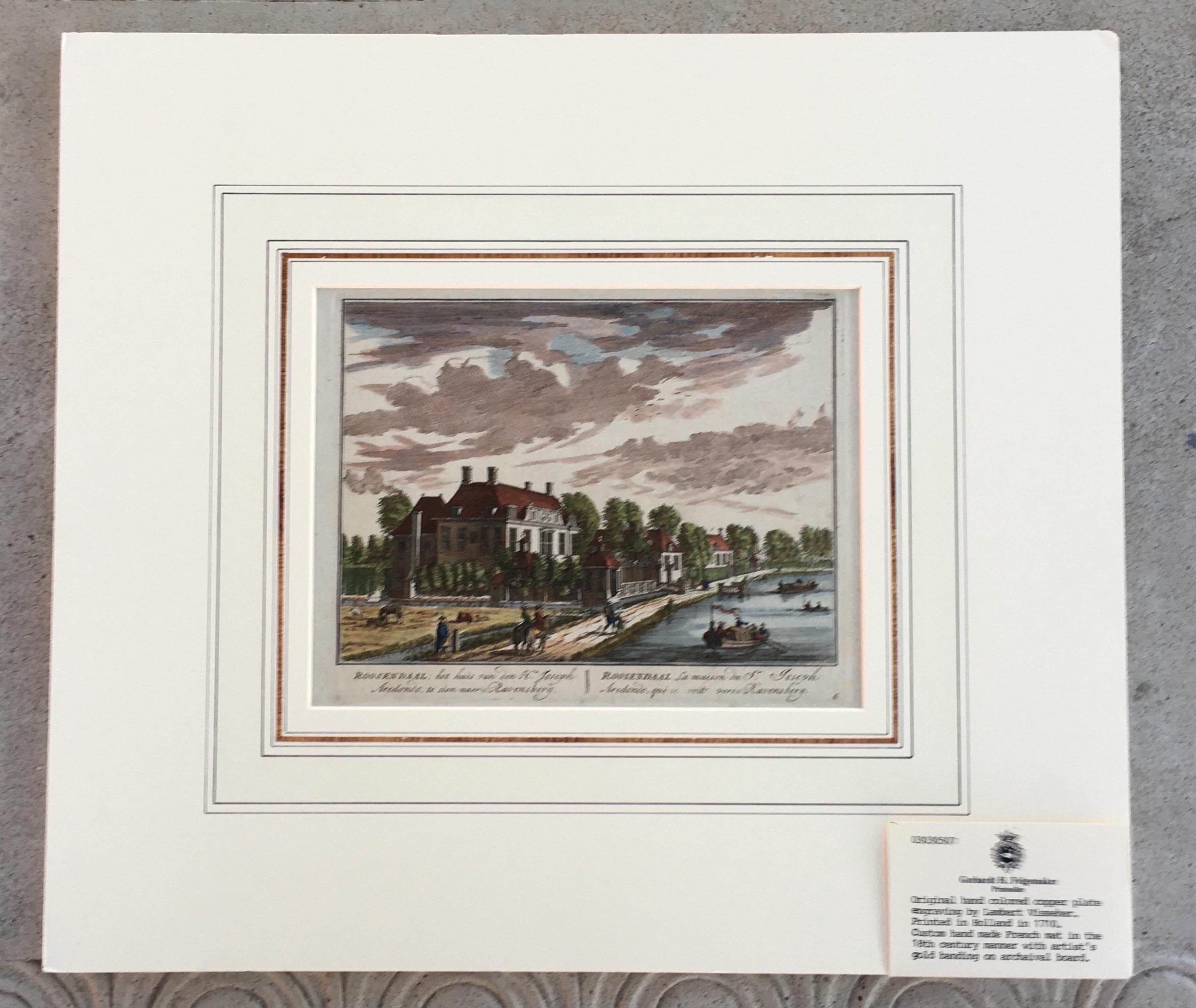 Neoclassical Hand-Colored Engraving of a Charming Holland Neighborhood 1710 Matted For Sale