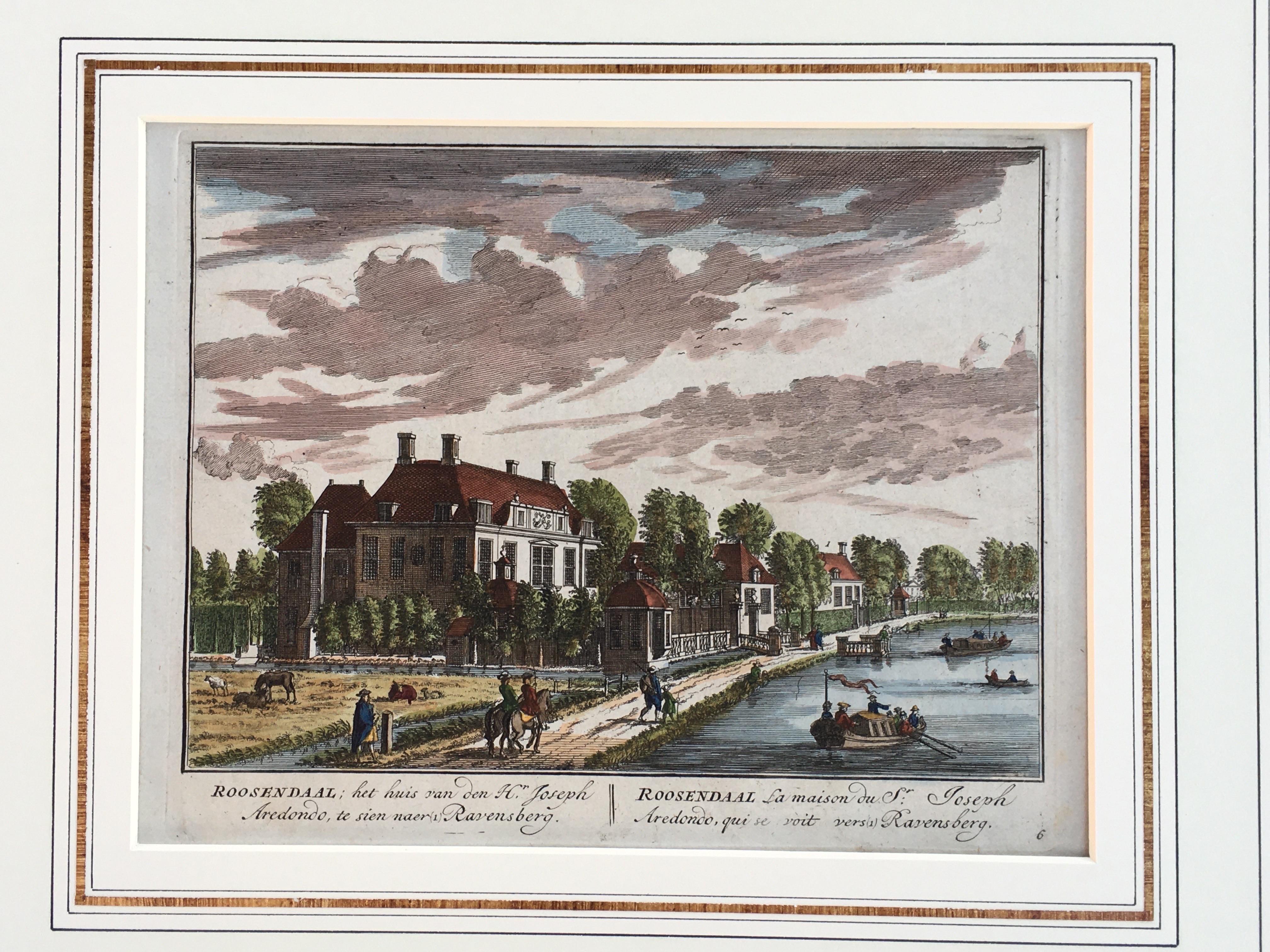 Engraved Hand-Colored Engraving of a Charming Holland Neighborhood 1710 Matted For Sale