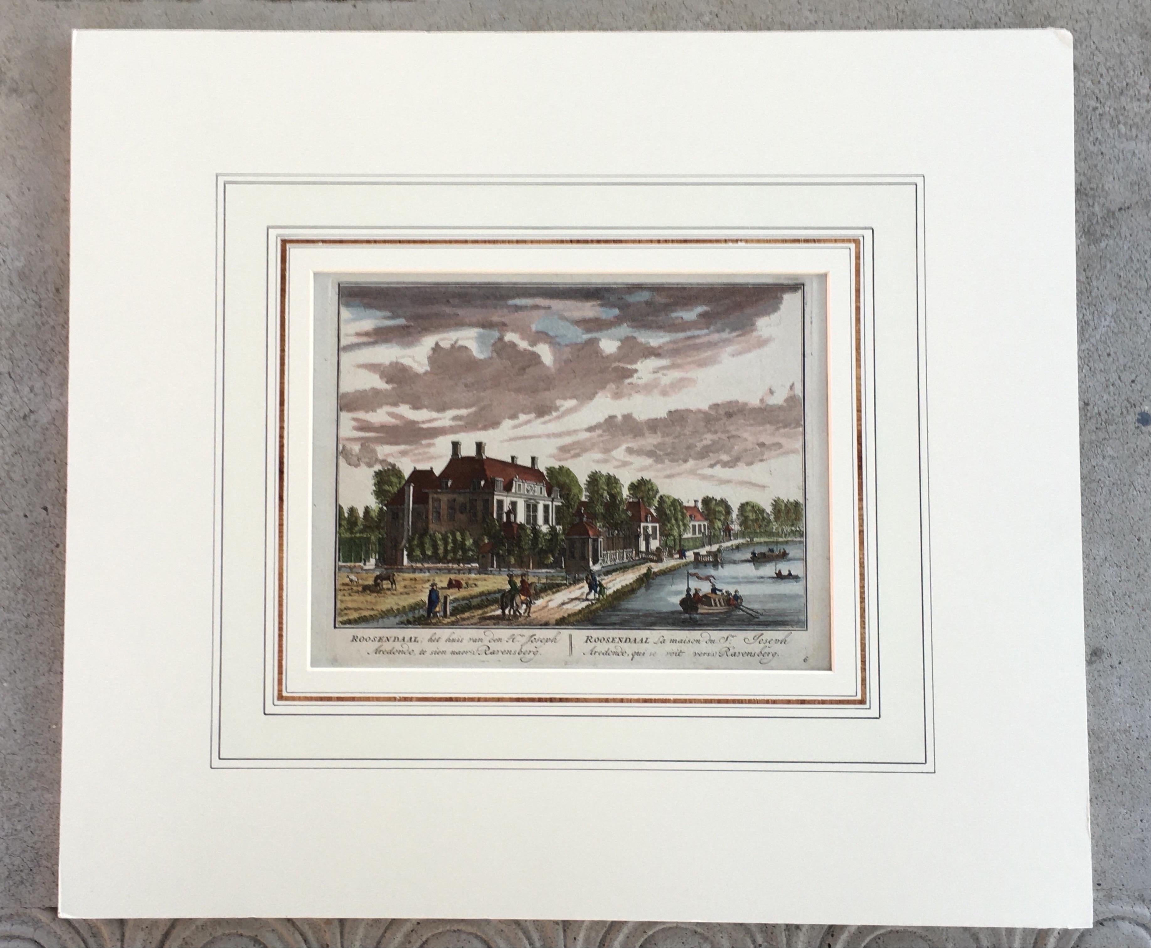 Hand-Colored Engraving of a Charming Holland Neighborhood 1710 Matted In Good Condition For Sale In Palm Springs, CA