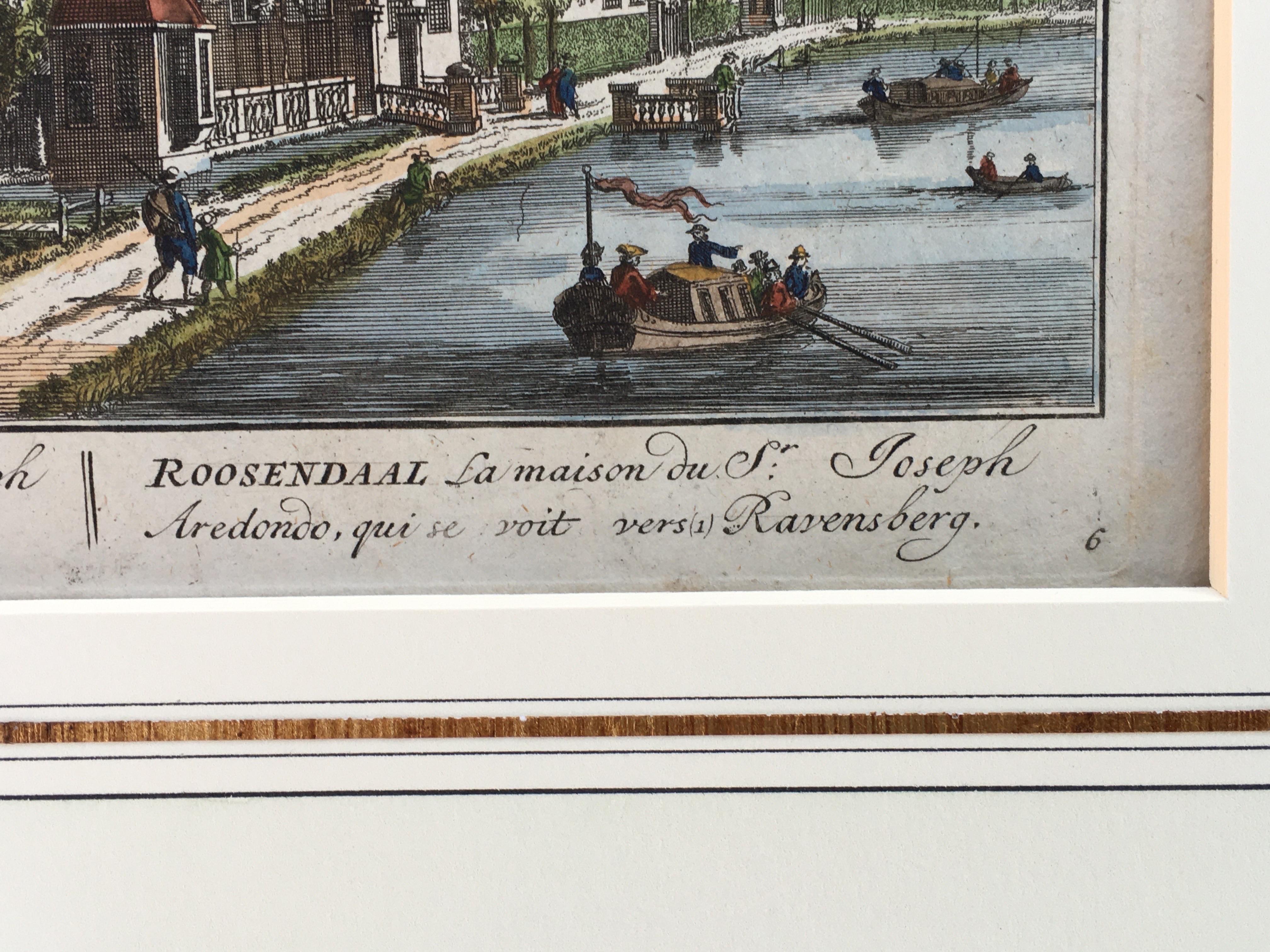 Early 18th Century Hand-Colored Engraving of a Charming Holland Neighborhood 1710 Matted For Sale