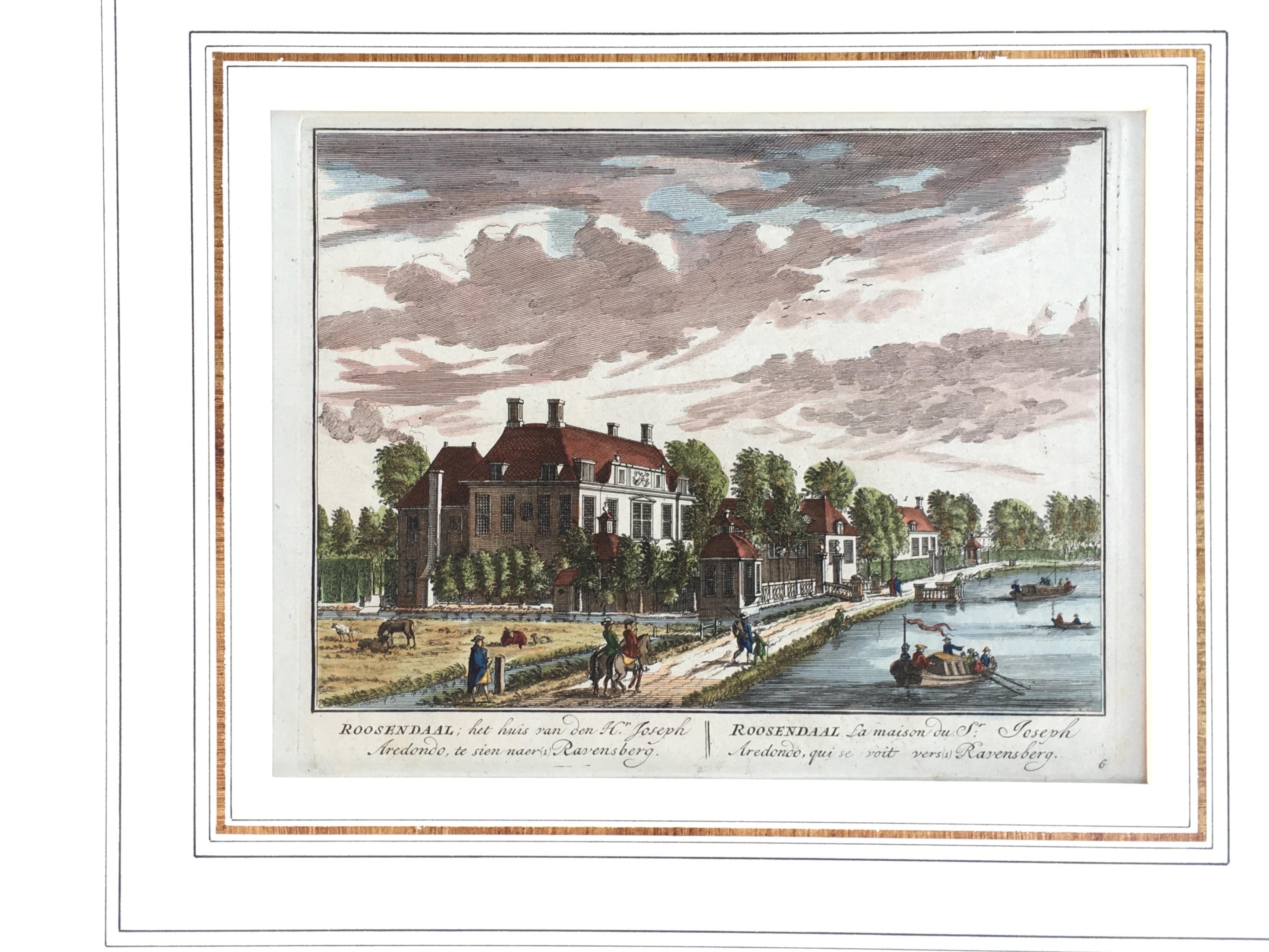 Paper Hand-Colored Engraving of a Charming Holland Neighborhood 1710 Matted For Sale