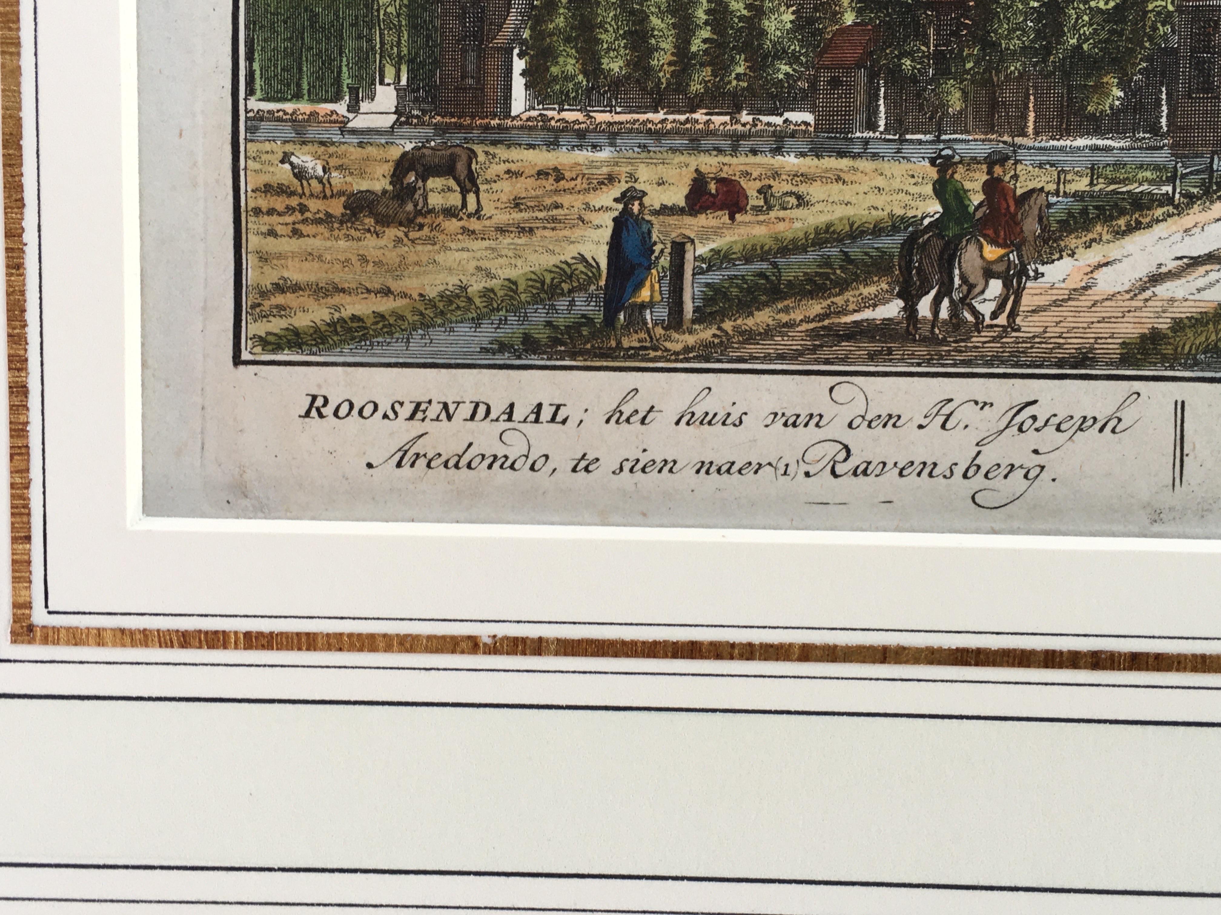 Gravure colorée à la main d'un charmant quartier de Hollande, 1710 mat en vente 1