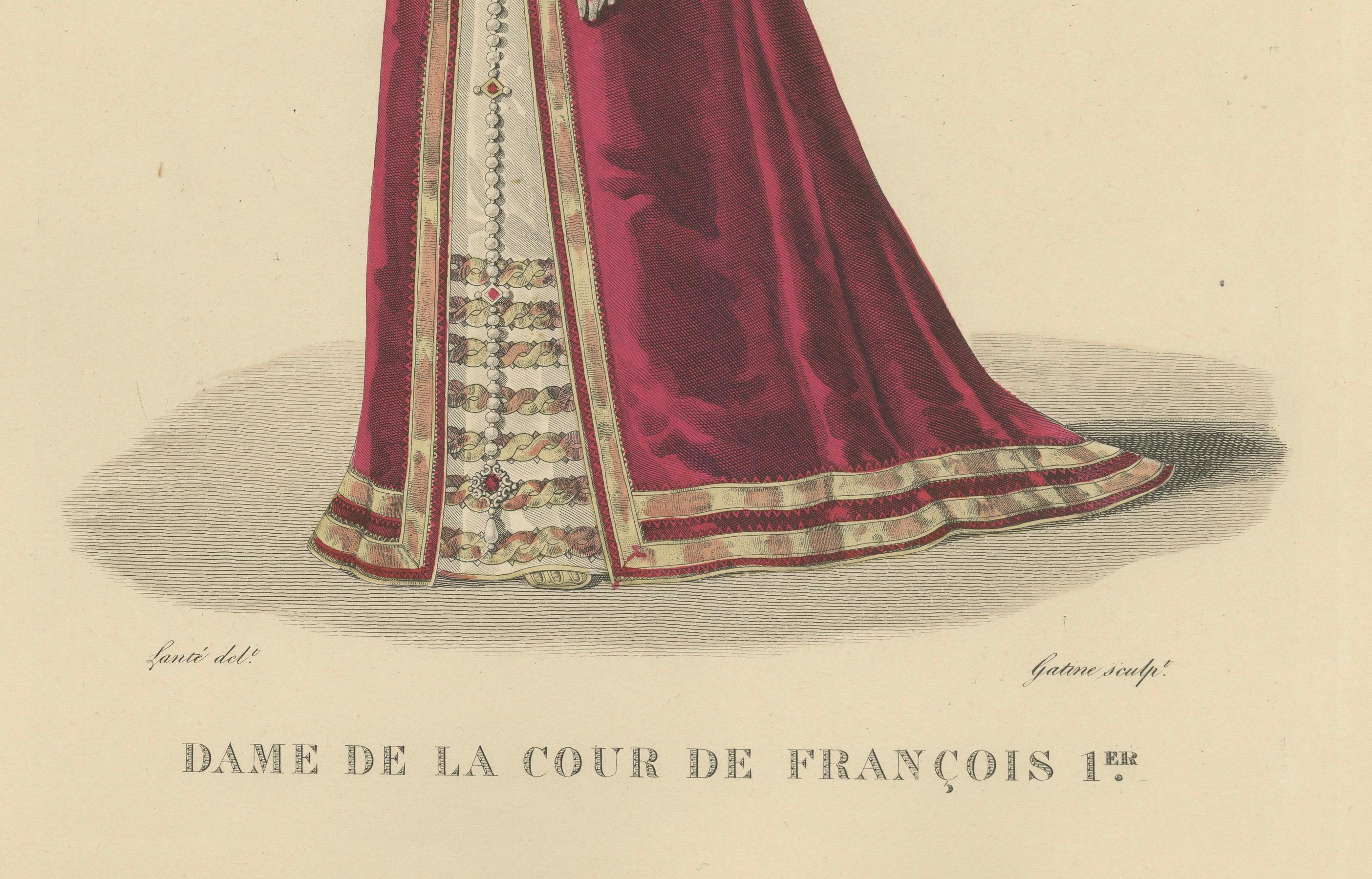 Handkolorierter Kupferstich einer Dame des Hofes von Franz I., um 1900

Dieser elegante handkolorierte Kupferstich zeigt eine Dame am Hof von König François I. von Frankreich (reg. 1515-1547), die die Grandeur und Raffinesse der französischen