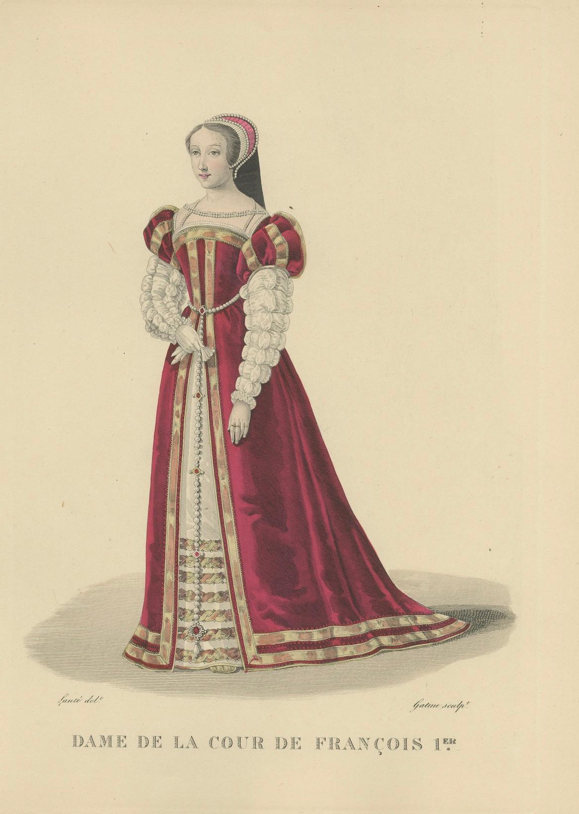 Handkolorierter Kupferstich einer Dame des Hofes von Franz I., um 1900 im Zustand „Gut“ im Angebot in Langweer, NL