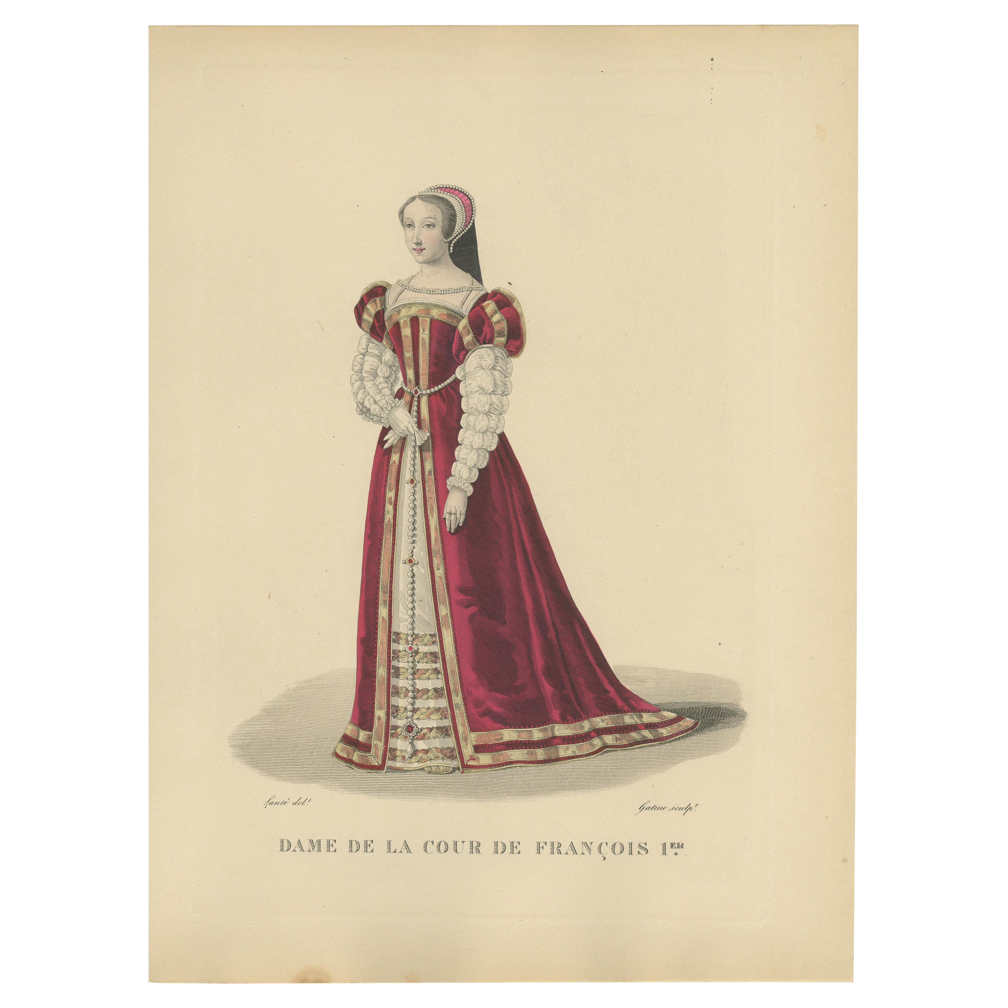 Handkolorierter Kupferstich einer Dame des Hofes von Franz I., um 1900