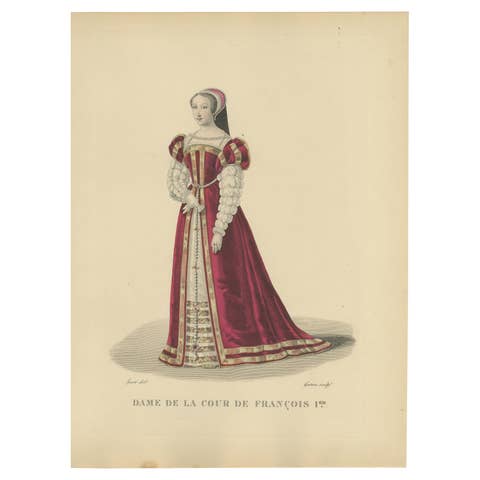 Hand-Colored Engraving of a Lady of the Court of François I, ca. 1900 edition