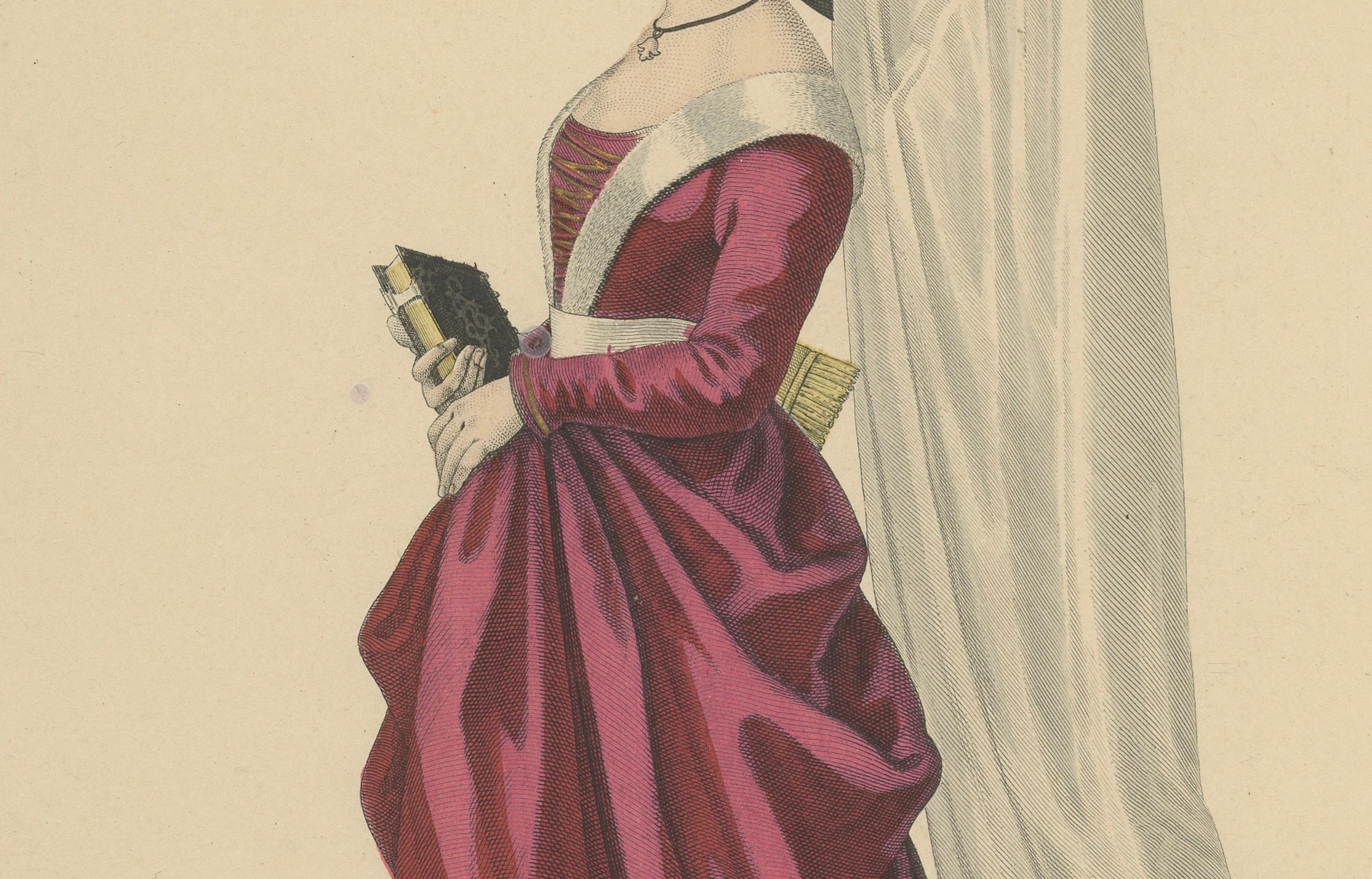 Handkolorierter Kupferstich einer Dame des Hofes von René d'Anjou, um 1900 (Französisch) im Angebot