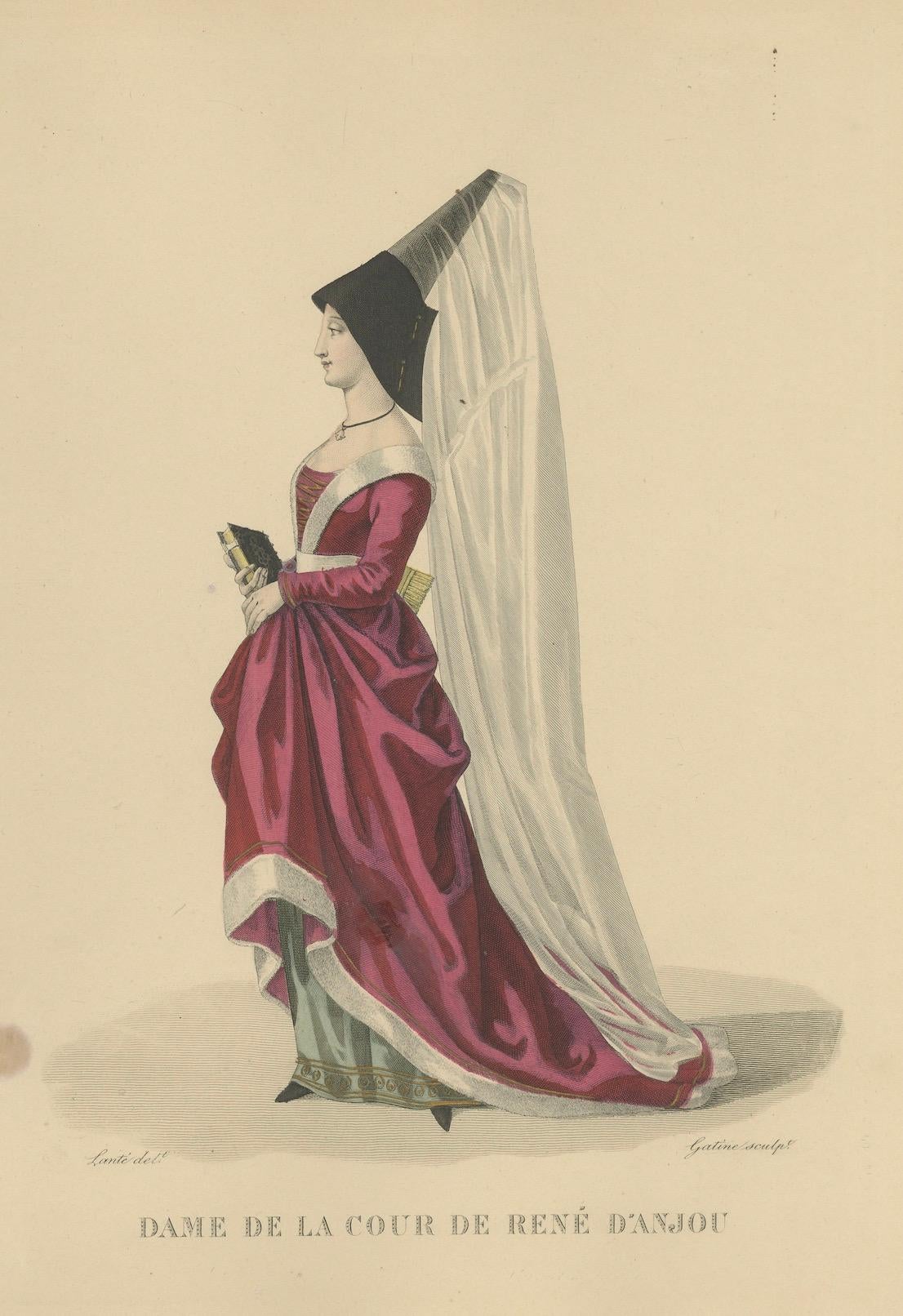 Handkolorierter Kupferstich einer Dame des Hofes von René d'Anjou, um 1900 im Zustand „Gut“ im Angebot in Langweer, NL