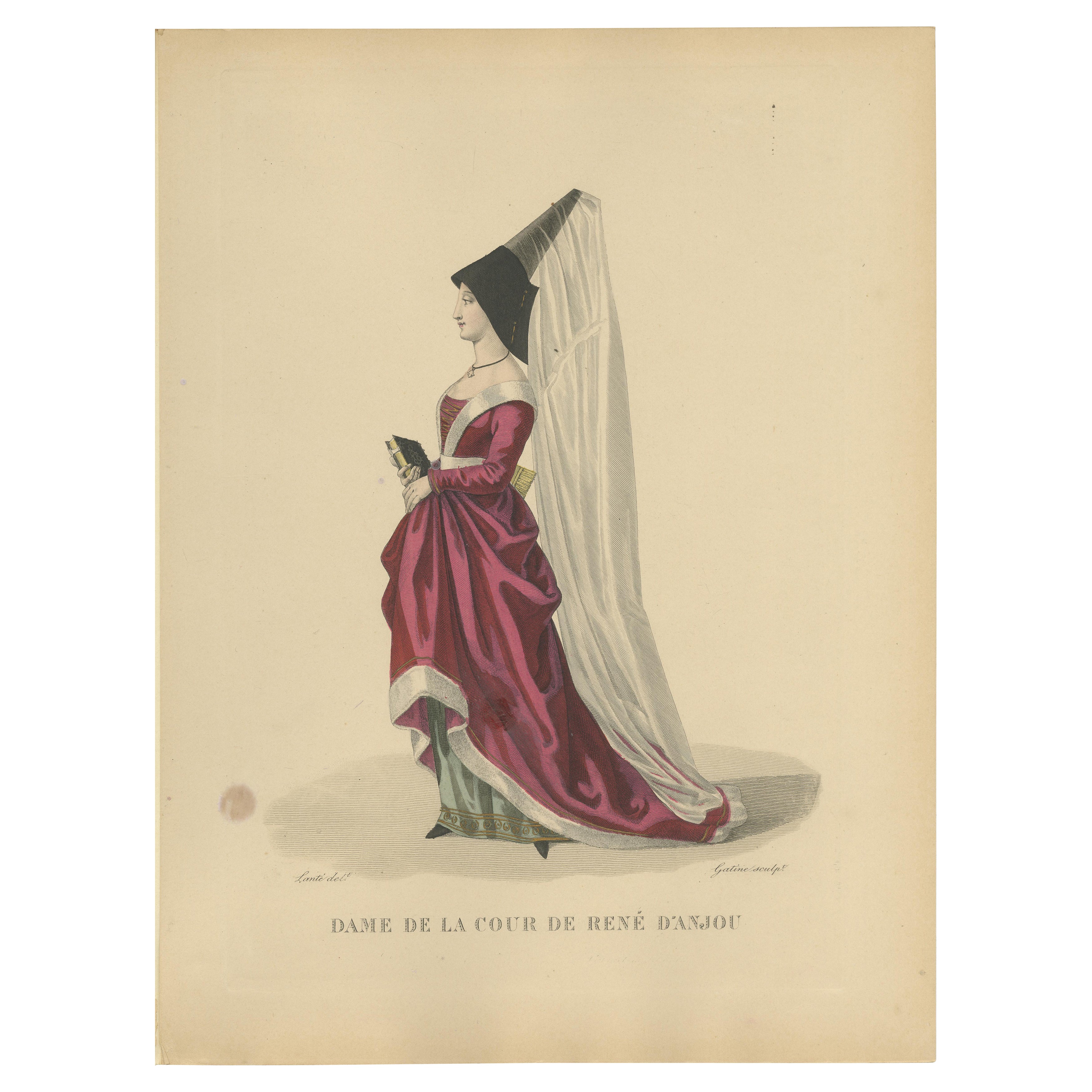 Handkolorierter Kupferstich einer Dame des Hofes von René d'Anjou, um 1900