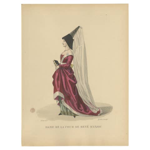 Hand-Colored Engraving of a Lady of the Court of René d’Anjou, ca. 1900 edition