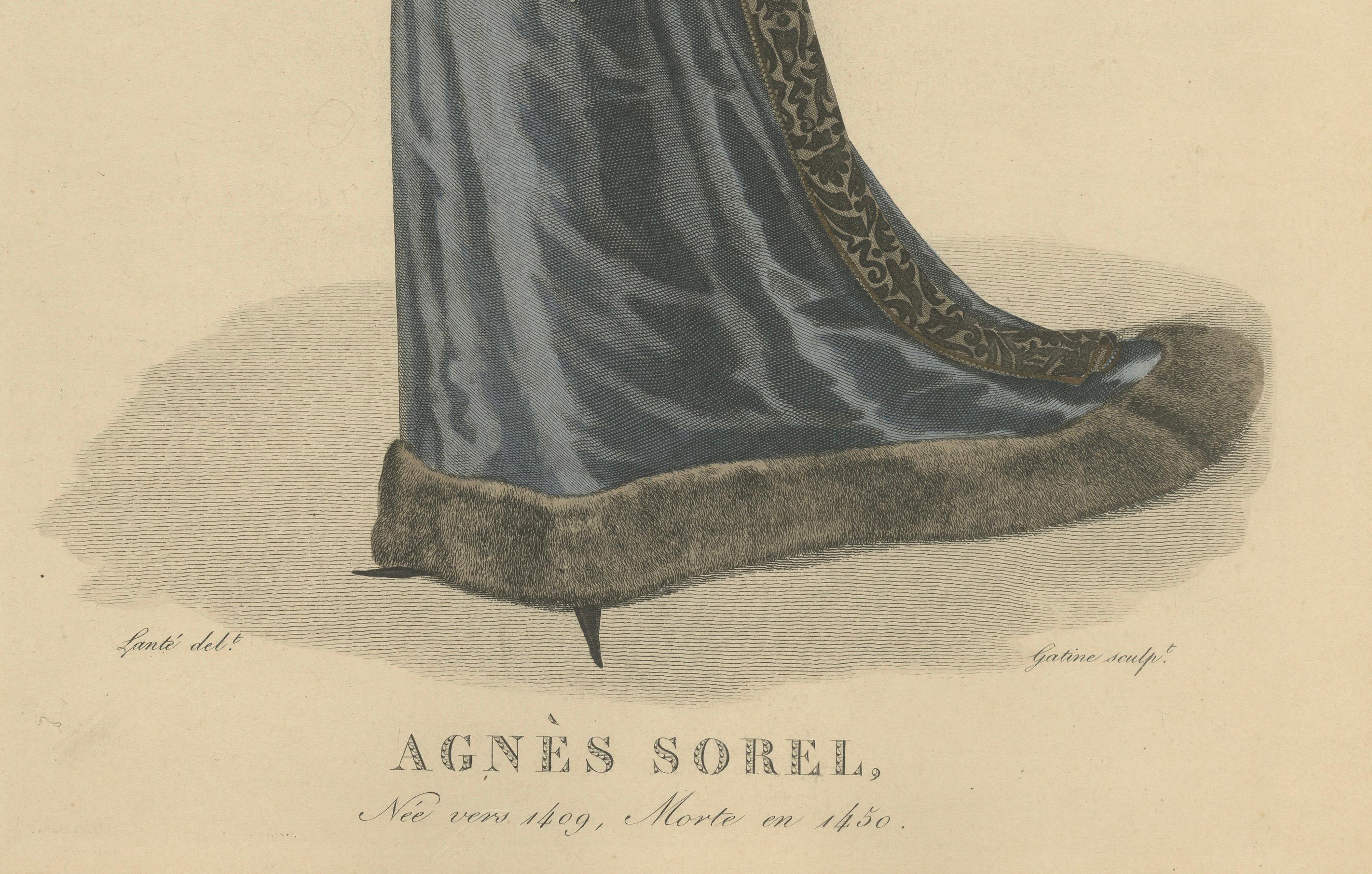 Handkolorierter Kupferstich von Agnès Sorel, Mätresse von Karl VII, um 1900 (Französisch) im Angebot